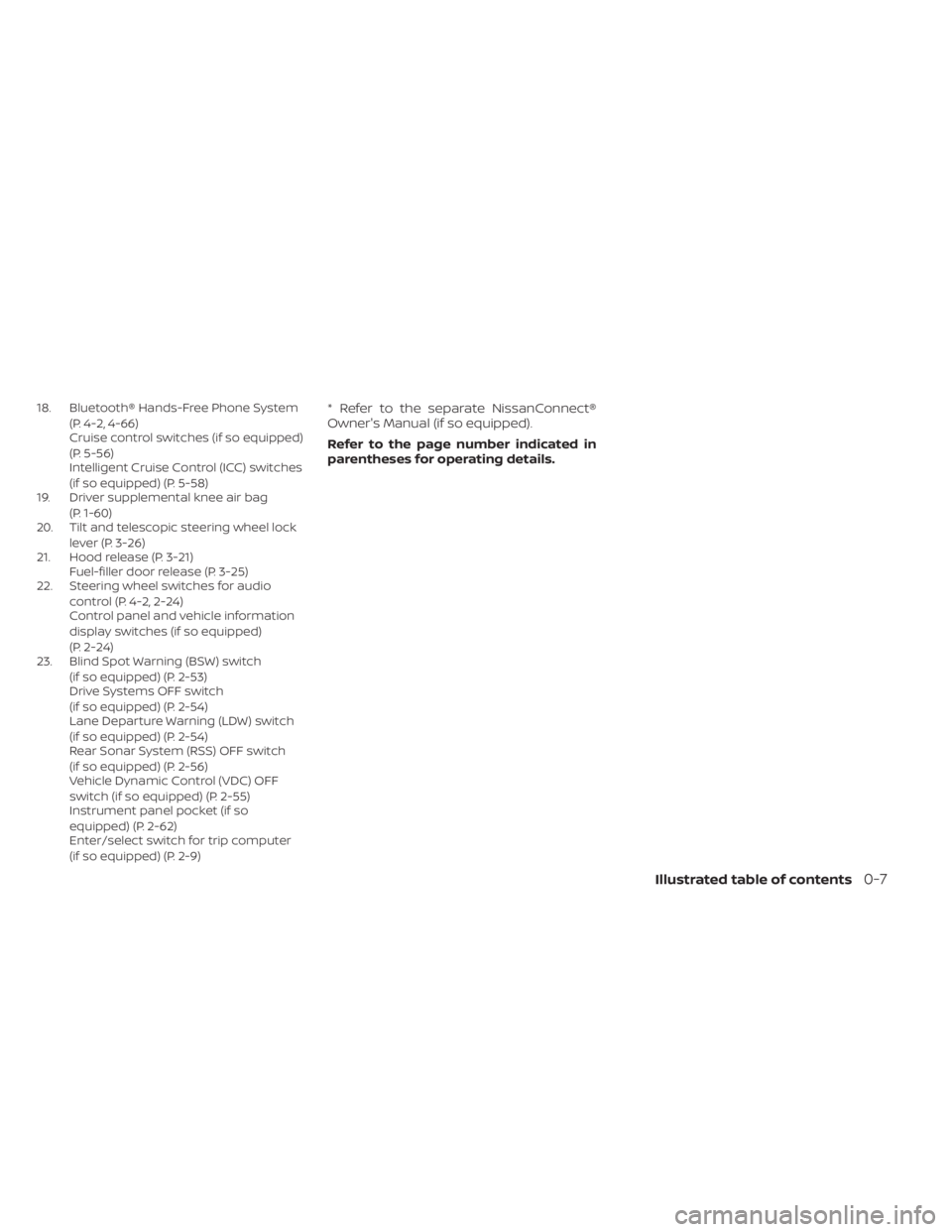 NISSAN KICKS 2023 Owners Manual 18. Bluetooth® Hands-Free Phone System(P. 4-2, 4-66)
Cruise control switches (if so equipped)
(P. 5-56)
Intelligent Cruise Control (ICC) switches
(if so equipped) (P. 5-58)
19. Driver supplemental kn NISSAN KICKS 2023 Owners Manual 18. Bluetooth® Hands-Free Phone System(P. 4-2, 4-66)
Cruise control switches (if so equipped)
(P. 5-56)
Intelligent Cruise Control (ICC) switches
(if so equipped) (P. 5-58)
19. Driver supplemental kn