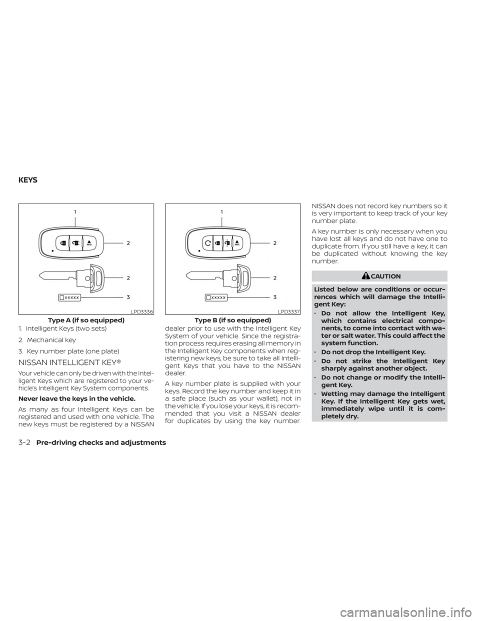 NISSAN KICKS 2023 Owners Manual NISSAN INTELLIGENT KEY®
Your vehicle can only be driven with the Intel-
ligent Keys which are registered to your ve-
hicle’s Intelligent Key System components.
Never leave the keys in the vehicle.
NISSAN KICKS 2023 Owners Manual NISSAN INTELLIGENT KEY®
Your vehicle can only be driven with the Intel-
ligent Keys which are registered to your ve-
hicle’s Intelligent Key System components.
Never leave the keys in the vehicle.