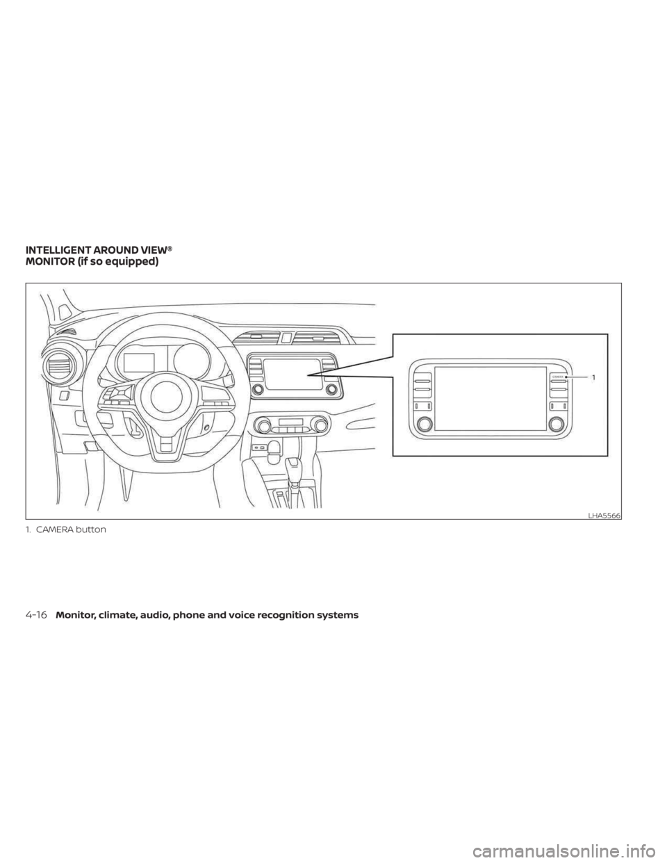 NISSAN KICKS 2023  Owners Manual 1. CAMERA button
LHA5566
INTELLIGENT AROUND VIEW®
MONITOR (if so equipped)
4-16Monitor, climate, audio, phone and voice recognition systems 