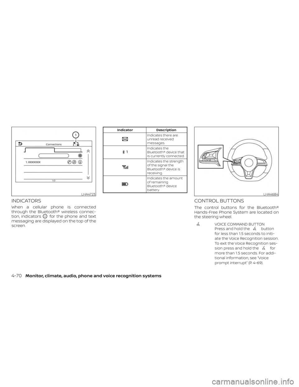 NISSAN KICKS 2023  Owners Manual INDICATORS
When a cellular phone is connected
through the Bluetooth® wireless connec-
tion, indicators
O1for the phone and text
messaging are displayed on the top of the
screen.
Indicator Description