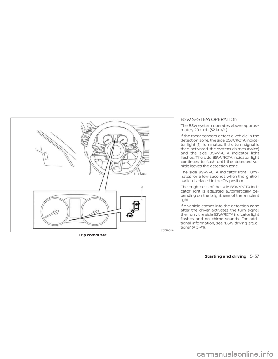 NISSAN KICKS 2023  Owners Manual BSW SYSTEM OPERATION
The BSW system operates above approxi-
mately 20 mph (32 km/h).
If the radar sensors detect a vehicle in the
detection zone, the side BSW/RCTA indica-
tor light (1) illuminates. I