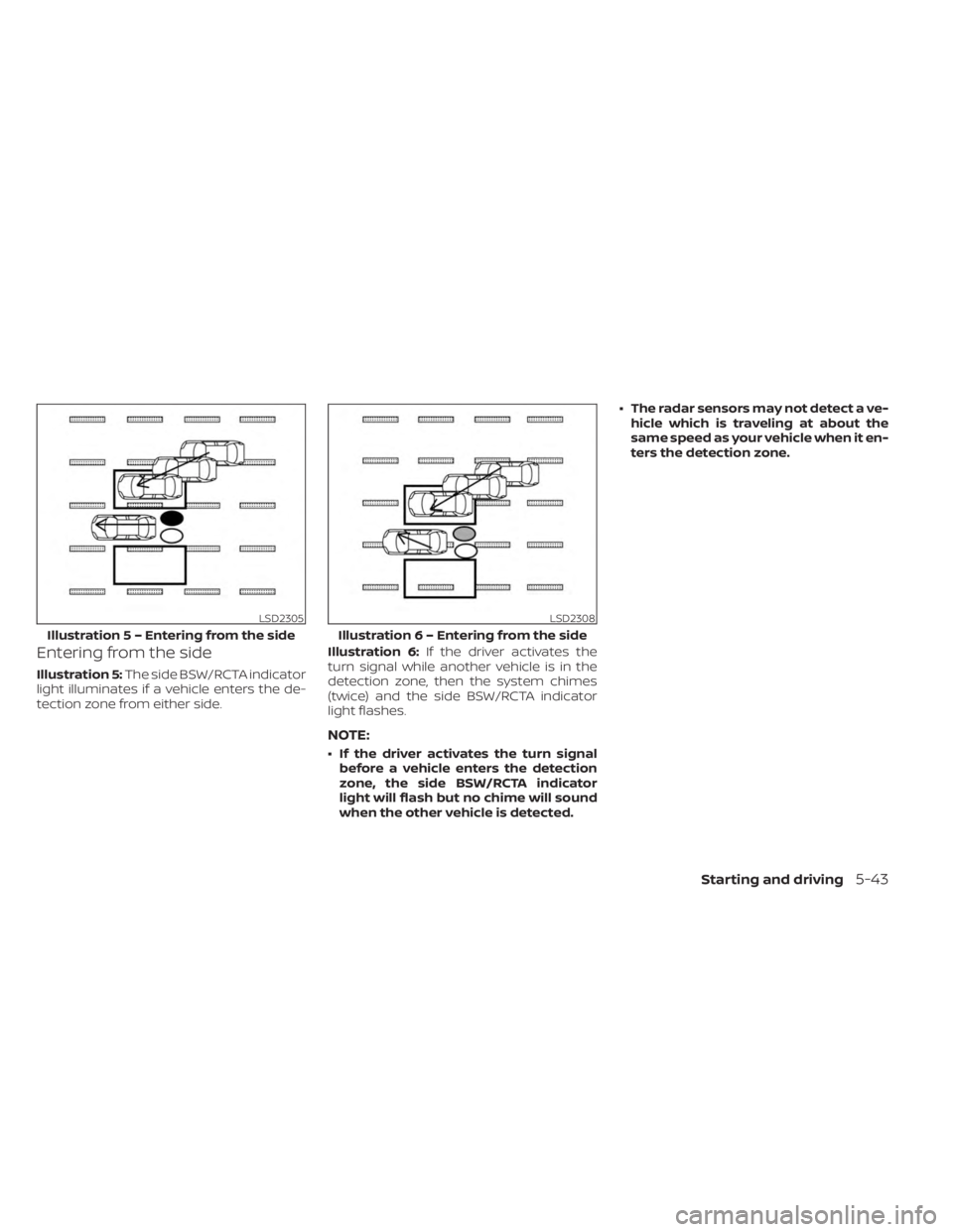 NISSAN KICKS 2023  Owners Manual Entering from the side
Illustration 5:The side BSW/RCTA indicator
light illuminates if a vehicle enters the de-
tection zone from either side. Illustration 6:
If the driver activates the
turn signal w