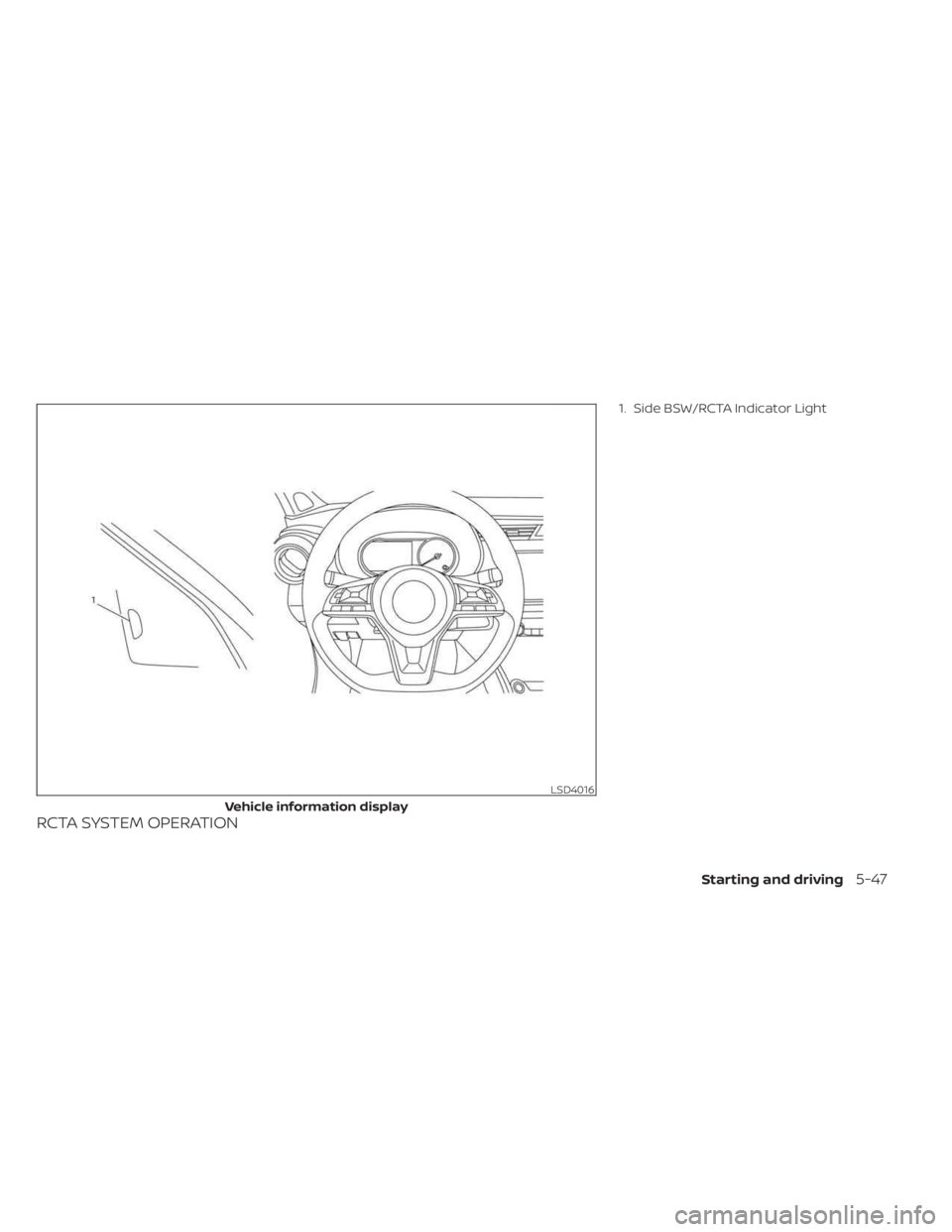 NISSAN KICKS 2023  Owners Manual RCTA SYSTEM OPERATION
1. Side BSW/RCTA Indicator Light
LSD4016
Vehicle information display
Starting and driving5-47 