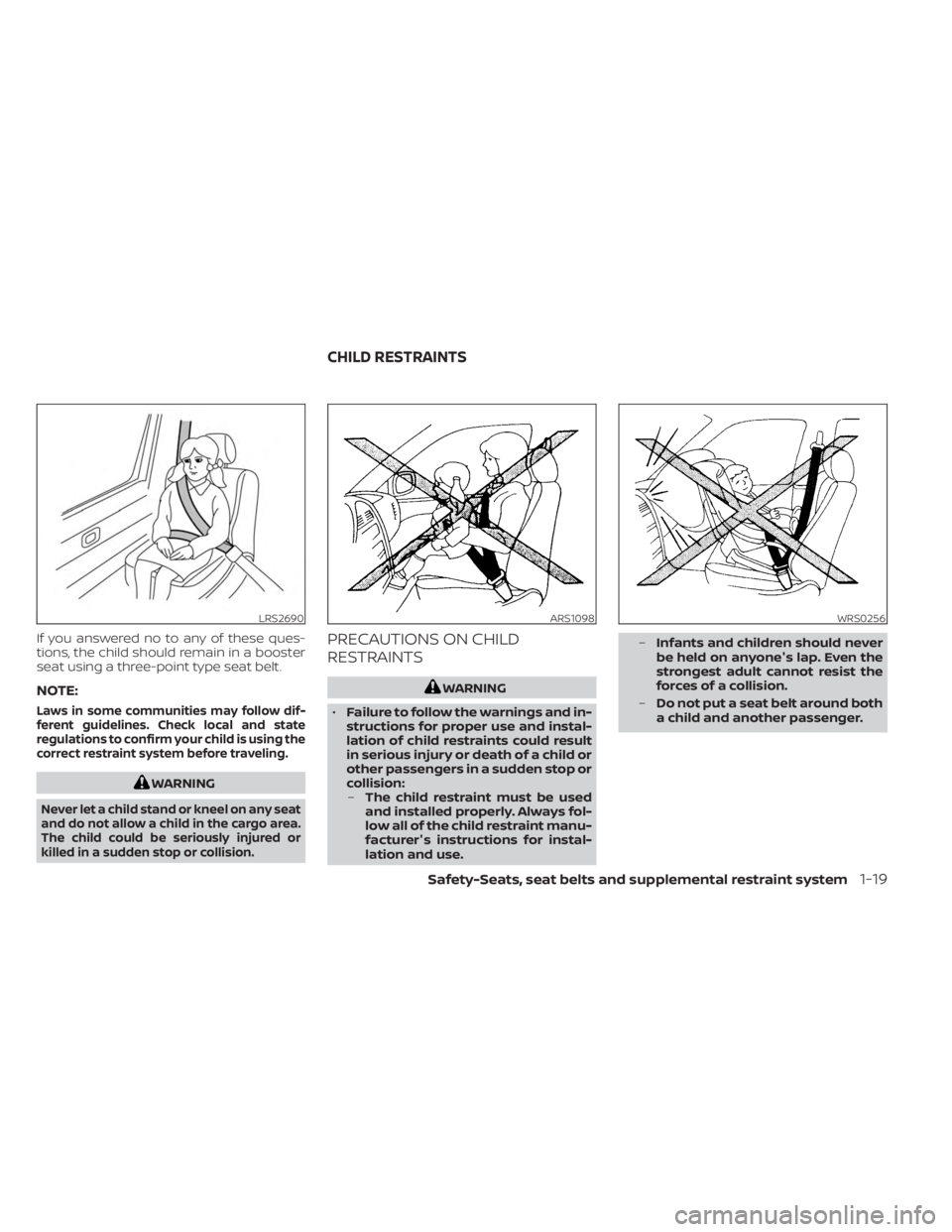 NISSAN KICKS 2023 Owners Manual If you answered no to any of these ques-
tions, the child should remain in a booster
seat using a three-point type seat belt.
NOTE:
Laws in some communities may follow dif-
ferent guidelines. Check lo NISSAN KICKS 2023 Owners Manual If you answered no to any of these ques-
tions, the child should remain in a booster
seat using a three-point type seat belt.
NOTE:
Laws in some communities may follow dif-
ferent guidelines. Check lo