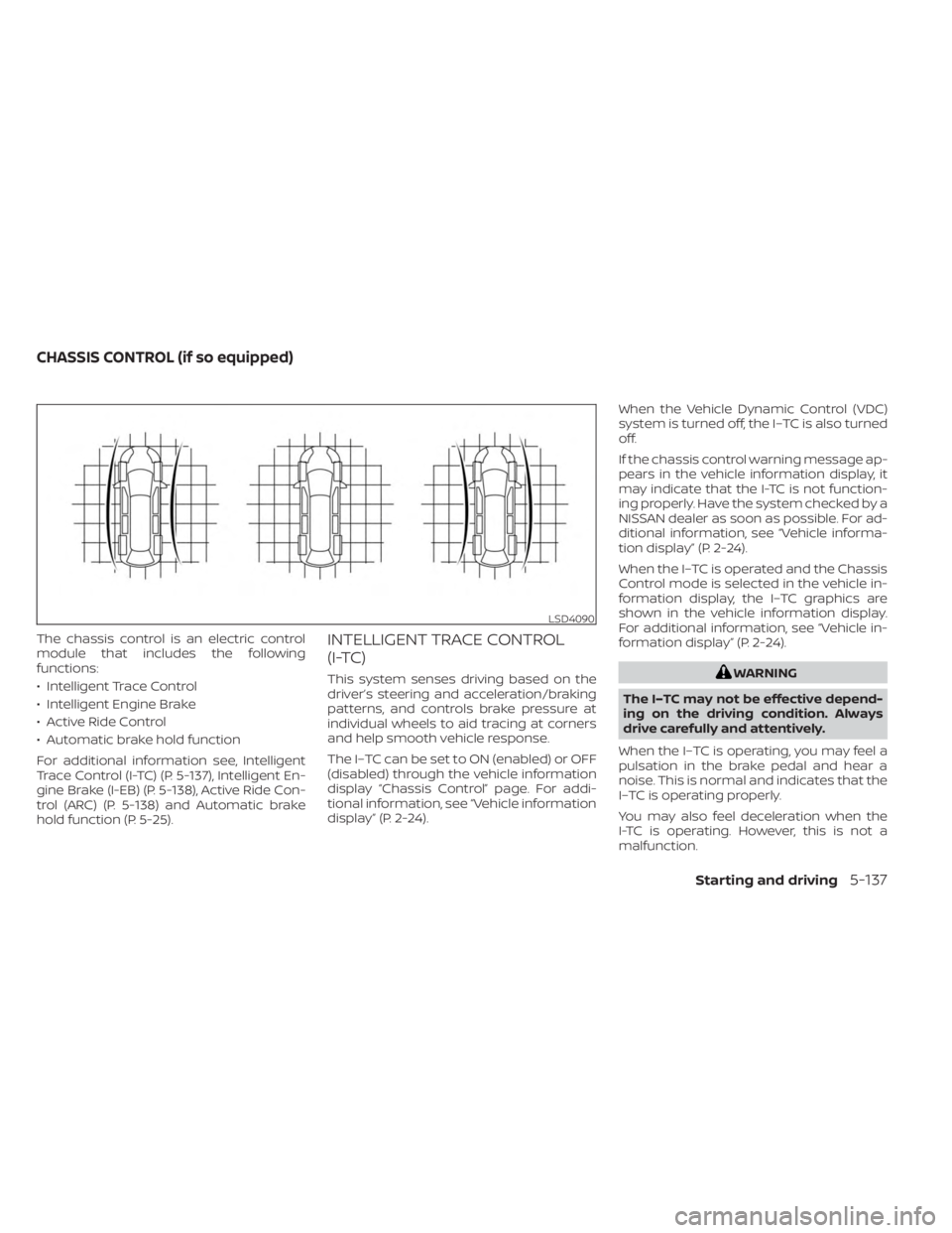 NISSAN KICKS 2023 Owners Manual The chassis control is an electric control
module that includes the following
functions:
• Intelligent Trace Control
• Intelligent Engine Brake
• Active Ride Control
• Automatic brake hold fun NISSAN KICKS 2023 Owners Manual The chassis control is an electric control
module that includes the following
functions:
• Intelligent Trace Control
• Intelligent Engine Brake
• Active Ride Control
• Automatic brake hold fun