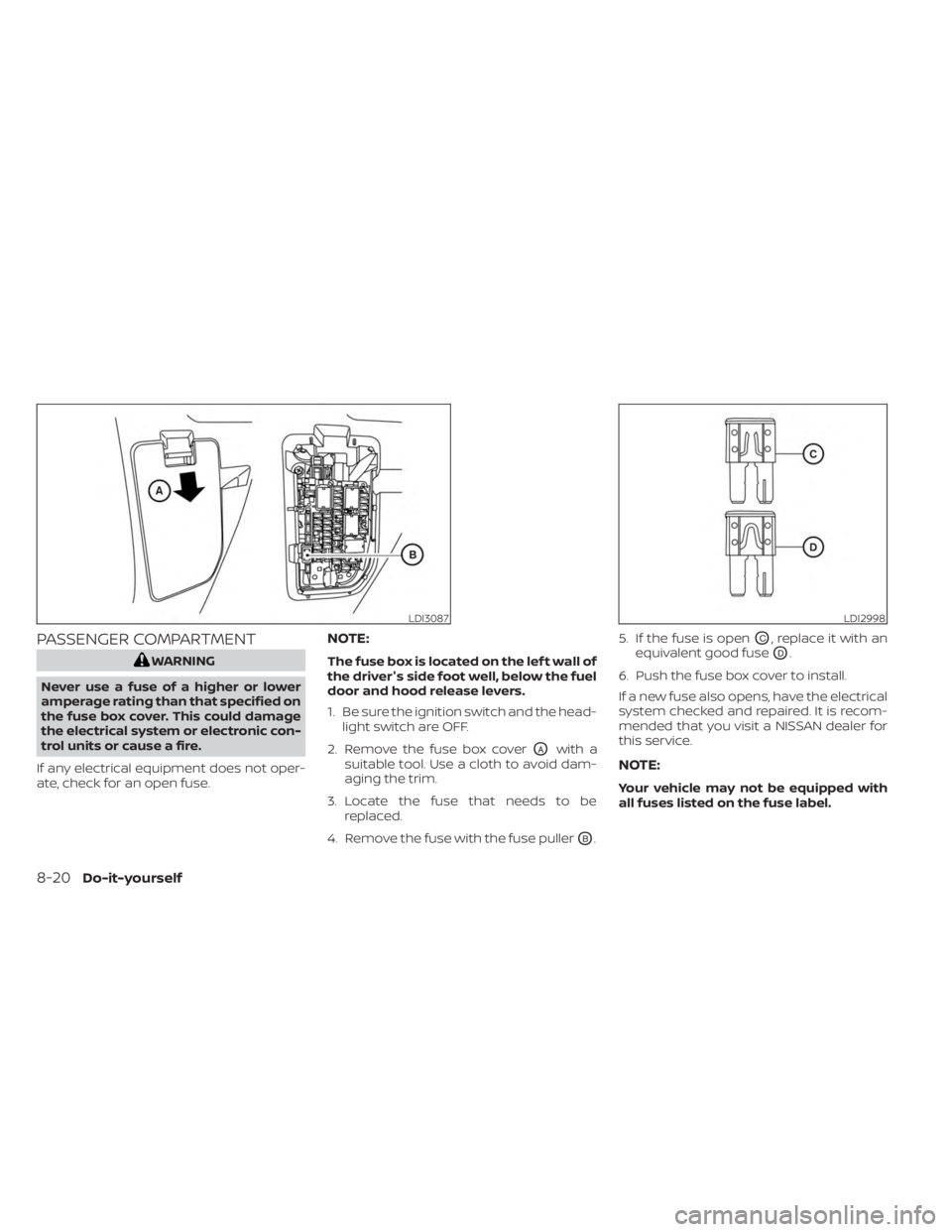 NISSAN KICKS 2023 Owners Manual PASSENGER COMPARTMENT
WARNING
Never use a fuse of a higher or lower
amperage rating than that specified on
the fuse box cover. This could damage
the electrical system or electronic con-
trol units or NISSAN KICKS 2023 Owners Manual PASSENGER COMPARTMENT
WARNING
Never use a fuse of a higher or lower
amperage rating than that specified on
the fuse box cover. This could damage
the electrical system or electronic con-
trol units or