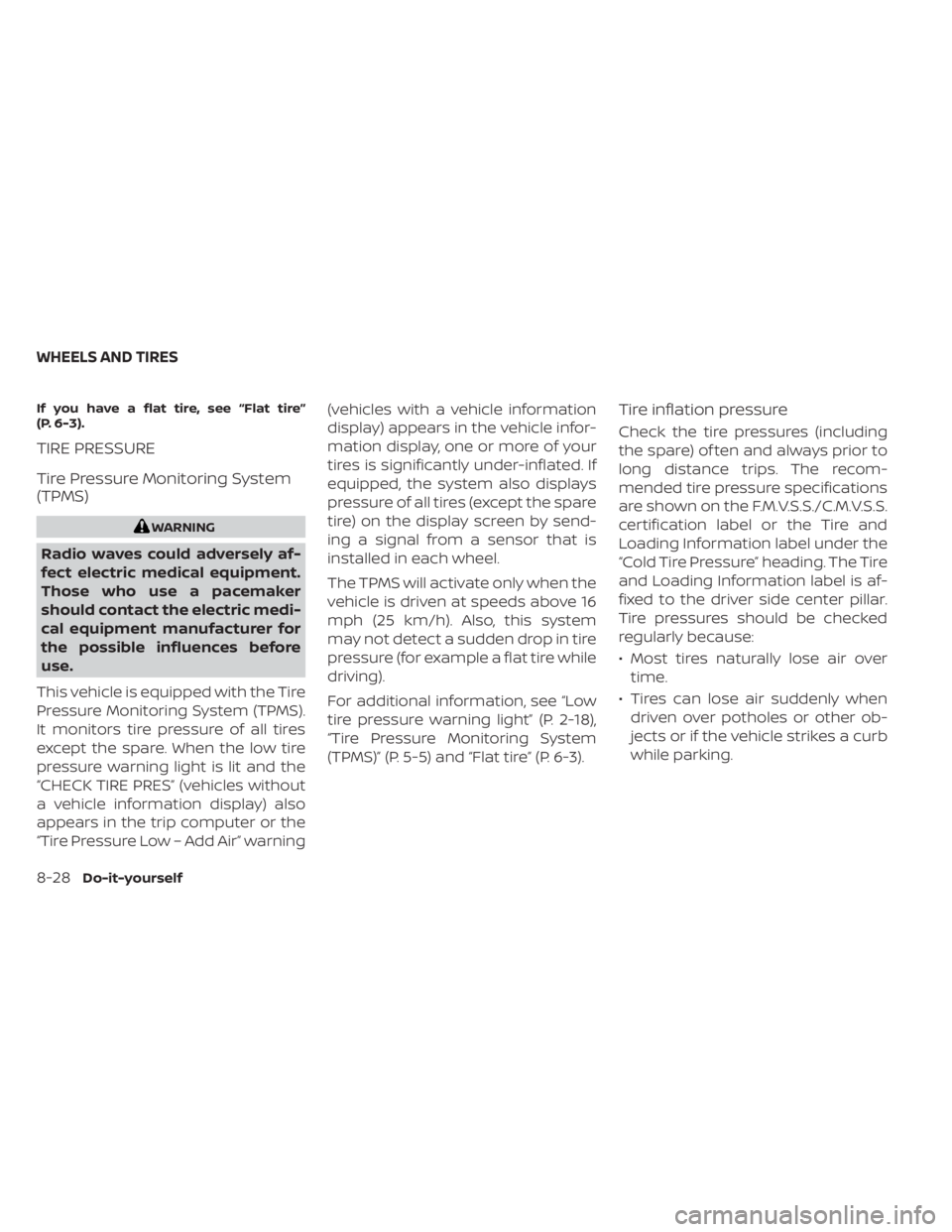 NISSAN KICKS 2023 Owners Manual If you have a flat tire, see “Flat tire”
(P. 6-3).
TIRE PRESSURE
Tire Pressure Monitoring System
(TPMS)
WARNING
Radio waves could adversely af-
fect electric medical equipment.
Those who use a pac NISSAN KICKS 2023 Owners Manual If you have a flat tire, see “Flat tire”
(P. 6-3).
TIRE PRESSURE
Tire Pressure Monitoring System
(TPMS)
WARNING
Radio waves could adversely af-
fect electric medical equipment.
Those who use a pac