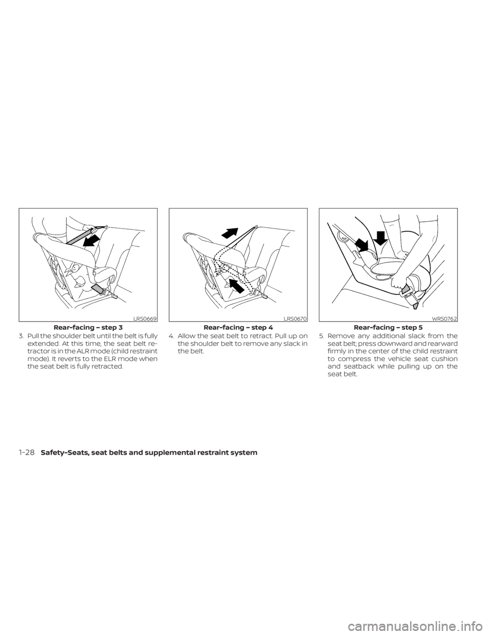 NISSAN KICKS 2023  Owners Manual 3. Pull the shoulder belt until the belt is fullyextended. At this time, the seat belt re-
tractor is in the ALR mode (child restraint
mode). It reverts to the ELR mode when
the seat belt is fully ret