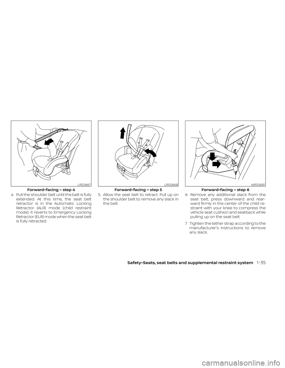 NISSAN KICKS 2023  Owners Manual 4. Pull the shoulder belt until the belt is fullyextended. At this time, the seat belt
retractor is in the Automatic Locking
Retractor (ALR) mode (child restraint
mode). It reverts to Emergency Lockin