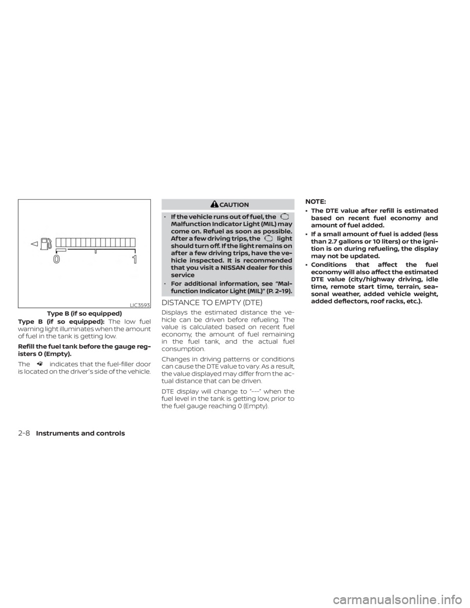 NISSAN KICKS 2023 Owners Manual Type B (if so equipped):The low fuel
warning light illuminates when the amount
of fuel in the tank is getting low.
Refill the fuel tank before the gauge reg-
isters 0 (Empty).
The
indicates that the f NISSAN KICKS 2023 Owners Manual Type B (if so equipped):The low fuel
warning light illuminates when the amount
of fuel in the tank is getting low.
Refill the fuel tank before the gauge reg-
isters 0 (Empty).
The
indicates that the f