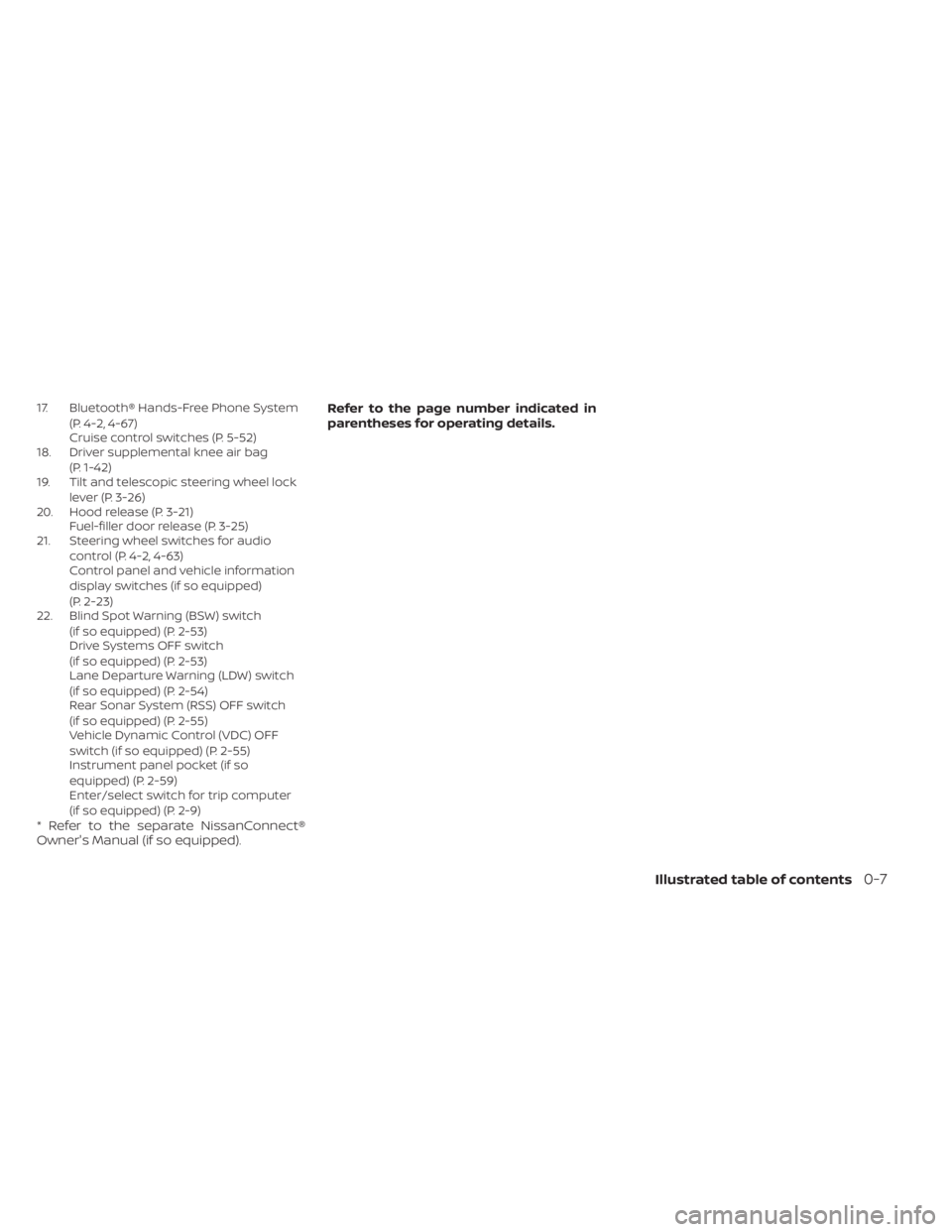 NISSAN KICKS 2022 Owners Manual 17. Bluetooth® Hands-Free Phone System(P. 4-2, 4-67)
Cruise control switches (P. 5-52)
18. Driver supplemental knee air bag
(P. 1-42)
19. Tilt and telescopic steering wheel lock
lever (P. 3-26)
20. H NISSAN KICKS 2022 Owners Manual 17. Bluetooth® Hands-Free Phone System(P. 4-2, 4-67)
Cruise control switches (P. 5-52)
18. Driver supplemental knee air bag
(P. 1-42)
19. Tilt and telescopic steering wheel lock
lever (P. 3-26)
20. H