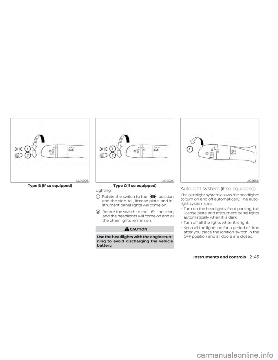 NISSAN KICKS 2021  Owners Manual Lighting
1Rotate the switch to theposition,
and the side, tail, license plate, and in-
strument panel lights will come on.
2Rotate the switch to theposition,
and the headlights will come on and all
