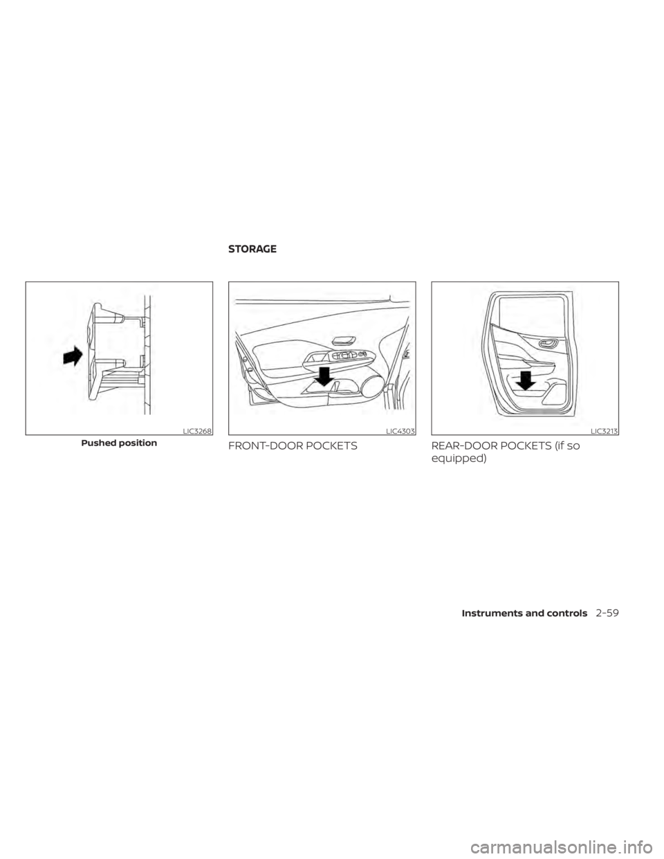 NISSAN KICKS 2021  Owners Manual FRONT-DOOR POCKETSREAR-DOOR POCKETS (if so
equipped)
LIC3268
Pushed position
LIC3213
STORAGE
Instruments and controls2-59 