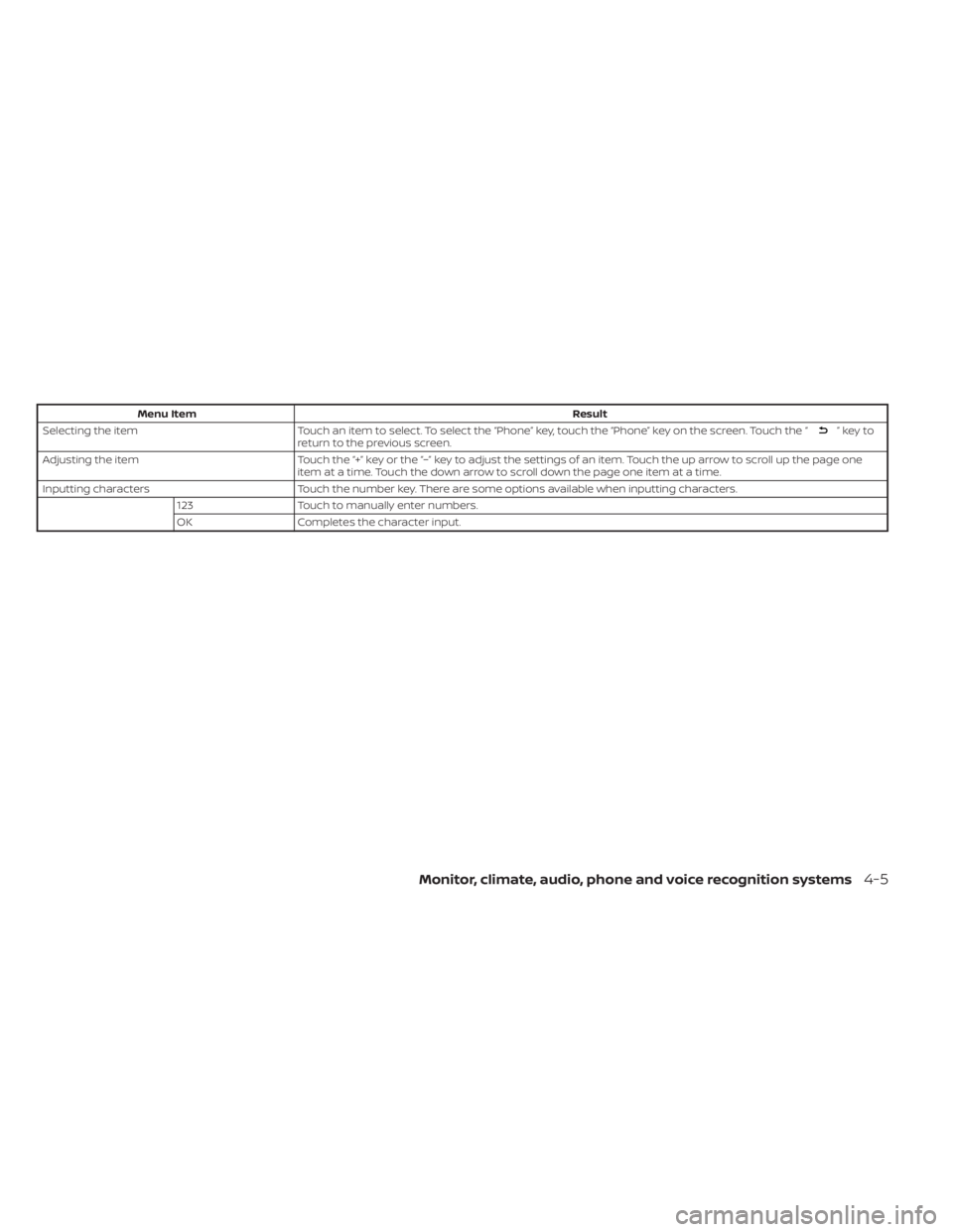 NISSAN KICKS 2021  Owners Manual Menu ItemResult
Selecting the item Touch an item to select. To select the “Phone” key, touch the “Phone” key on the screen. Touch the “
”keyto
return to the previous screen.
Adjusting the 