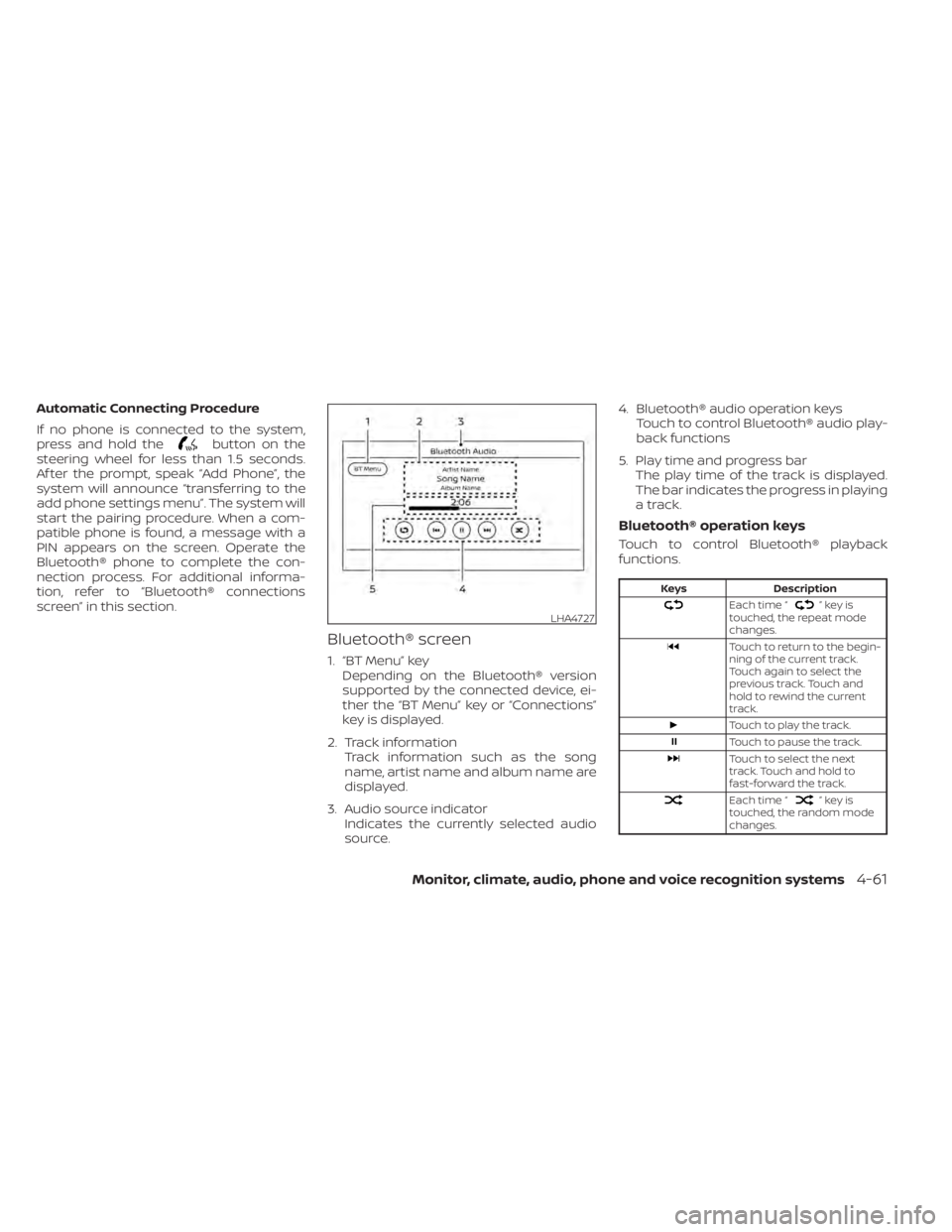 NISSAN KICKS 2021 Owners Manual Automatic Connecting Procedure
If no phone is connected to the system,
press and hold the
button on the
steering wheel for less than 1.5 seconds.
Af ter the prompt, speak “Add Phone”, the
system w NISSAN KICKS 2021 Owners Manual Automatic Connecting Procedure
If no phone is connected to the system,
press and hold the
button on the
steering wheel for less than 1.5 seconds.
Af ter the prompt, speak “Add Phone”, the
system w