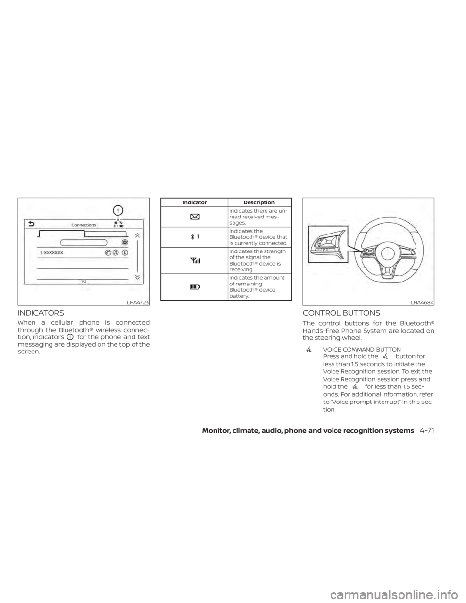 NISSAN KICKS 2021  Owners Manual INDICATORS
When a cellular phone is connected
through the Bluetooth® wireless connec-
tion, indicators
O1for the phone and text
messaging are displayed on the top of the
screen.
Indicates the
Bluetoo