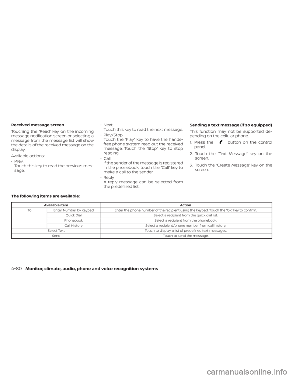 NISSAN KICKS 2021 Owners Manual Received message screen
Touching the “Read” key on the incoming
message notification screen or selecting a
message from the message list will show
the details of the received message on the
displa NISSAN KICKS 2021 Owners Manual Received message screen
Touching the “Read” key on the incoming
message notification screen or selecting a
message from the message list will show
the details of the received message on the
displa