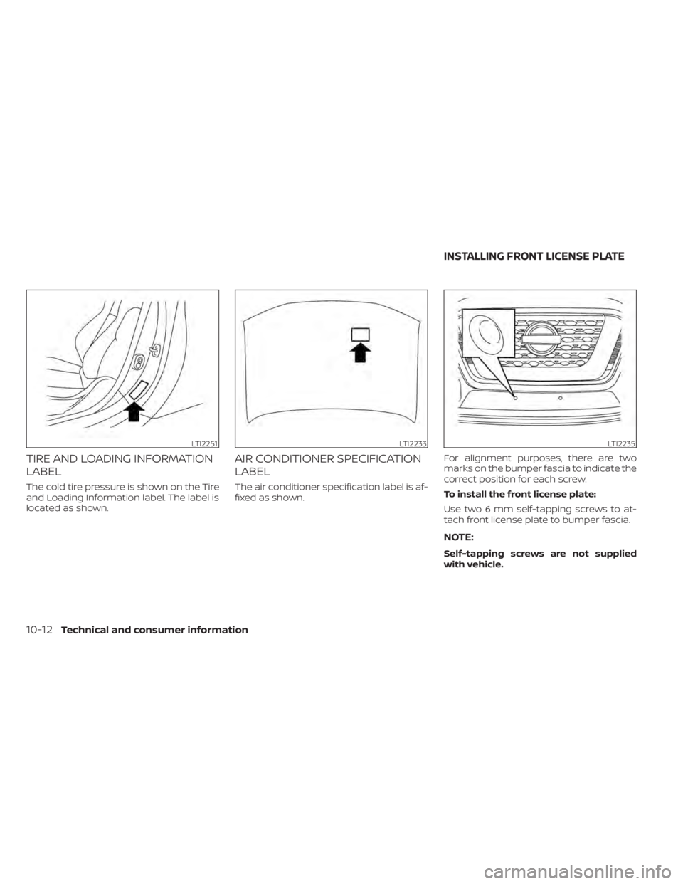 NISSAN KICKS 2021  Owners Manual TIRE AND LOADING INFORMATION
LABEL
The cold tire pressure is shown on the Tire
and Loading Information label. The label is
located as shown.
AIR CONDITIONER SPECIFICATION
LABEL
The air conditioner spe
