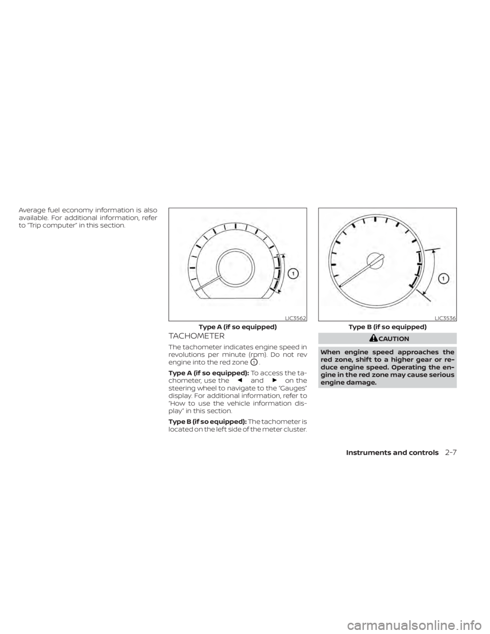 NISSAN KICKS 2021  Owners Manual Average fuel economy information is also
available. For additional information, refer
to “Trip computer” in this section.
TACHOMETER
The tachometer indicates engine speed in
revolutions per minute