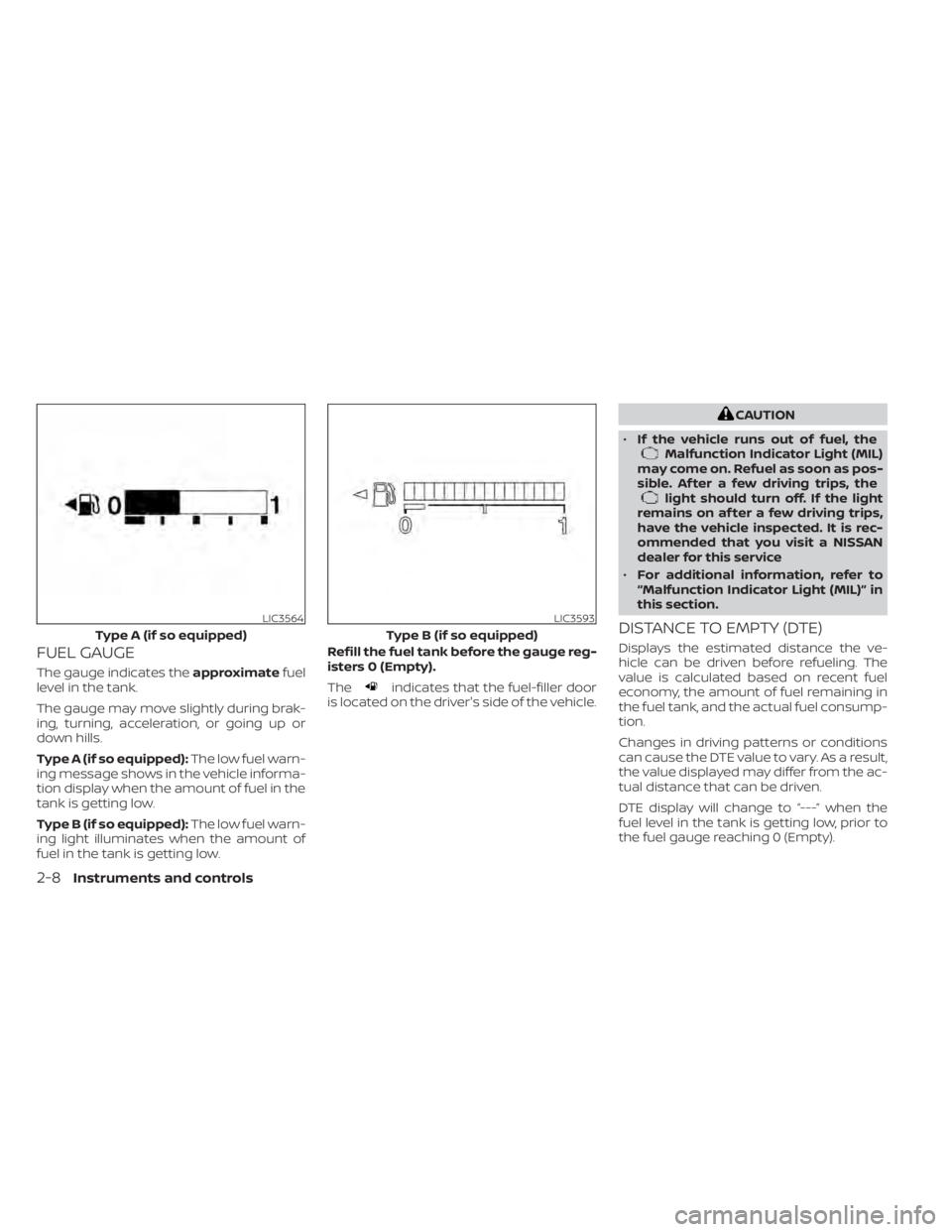 NISSAN KICKS 2021  Owners Manual FUEL GAUGE
The gauge indicates theapproximatefuel
level in the tank.
The gauge may move slightly during brak-
ing, turning, acceleration, or going up or
down hills.
Type A (if so equipped): The low fu