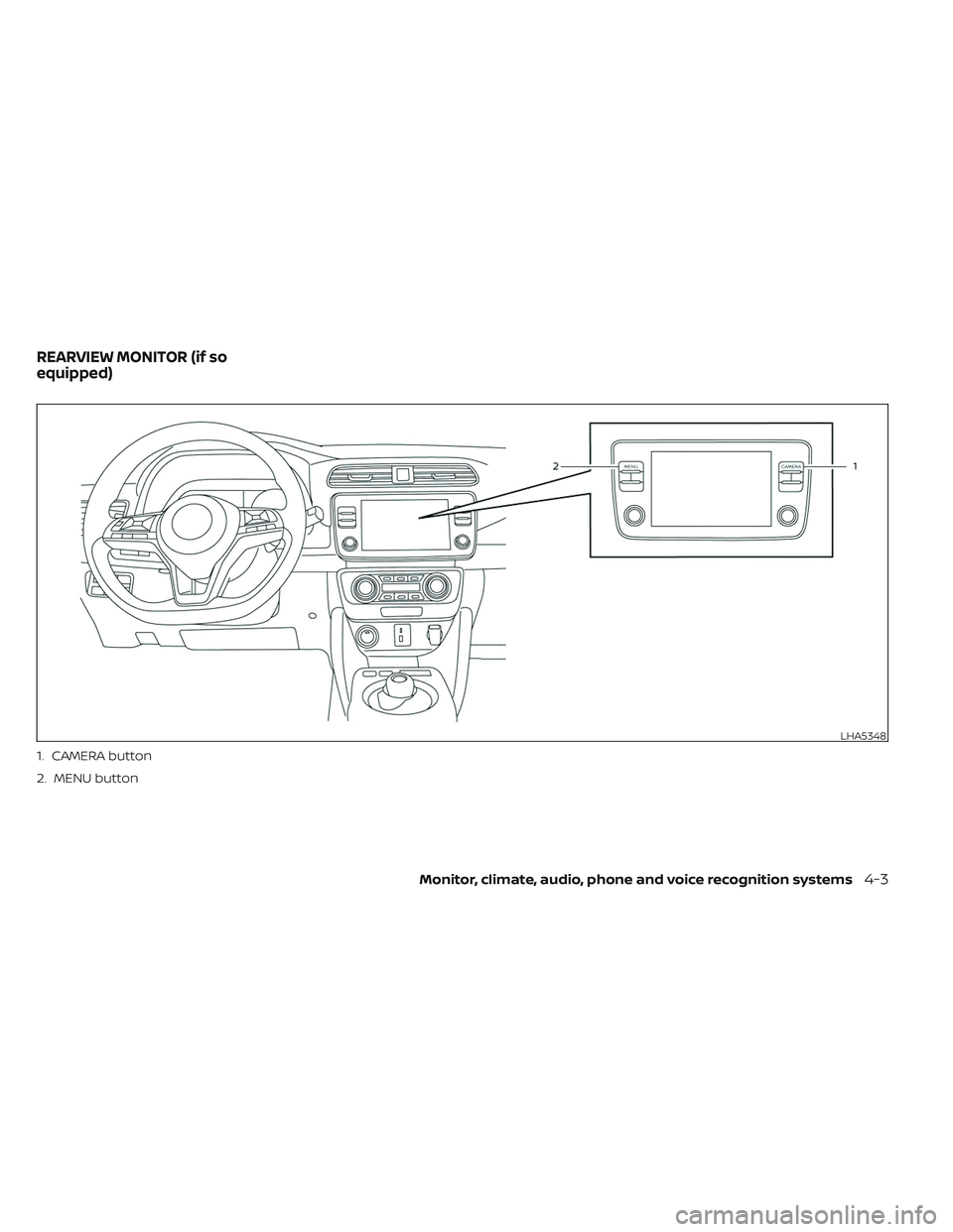 NISSAN LEAF 2023  Owners Manual LHA5348
1. CAMERA button
2. MENU button
REARVIEW MONITOR (if so
equipped)
Monitor, climate, audio, phone and voice recognition systems4-3 