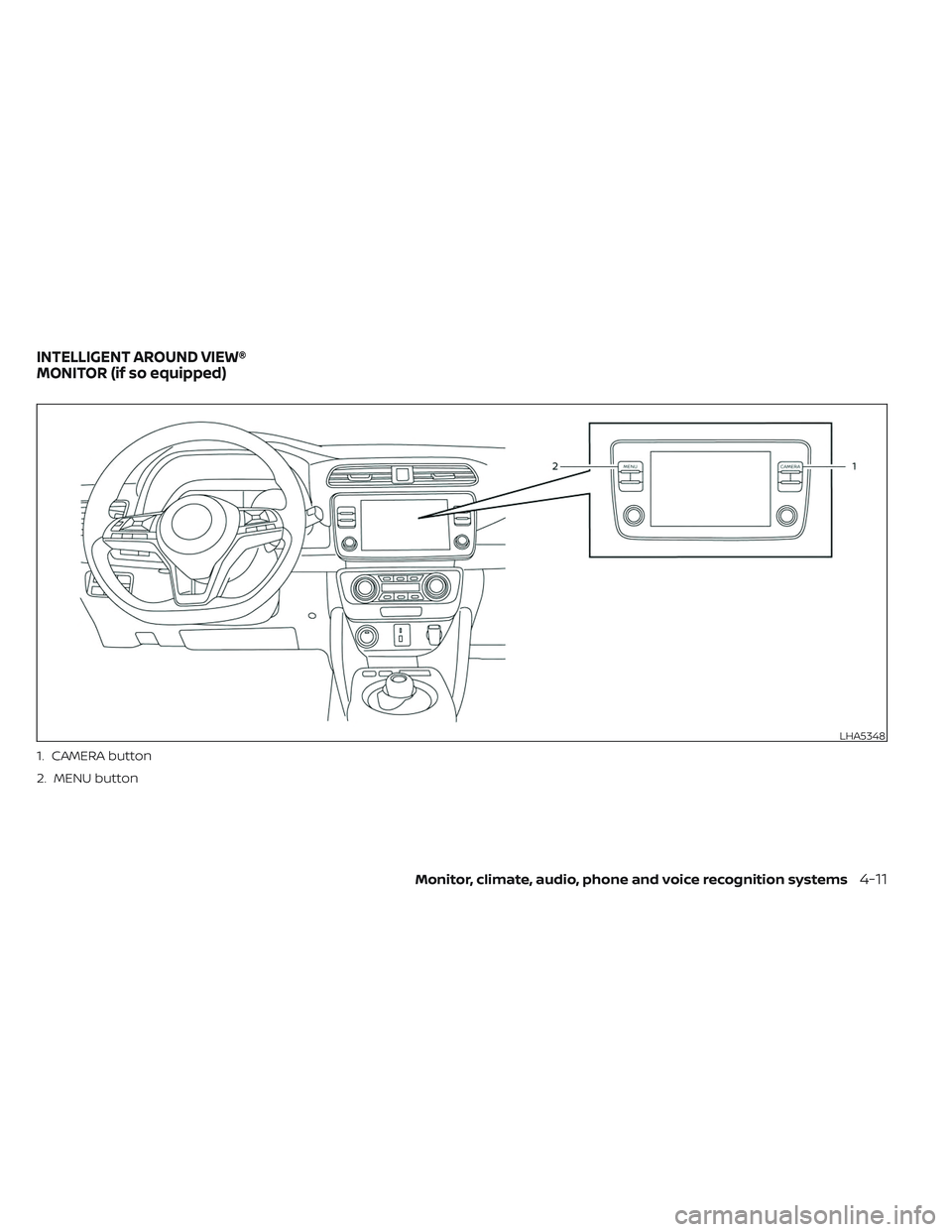 NISSAN LEAF 2023  Owners Manual LHA5348
1. CAMERA button
2. MENU button
INTELLIGENT AROUND VIEW®
MONITOR (if so equipped)
Monitor, climate, audio, phone and voice recognition systems4-11 