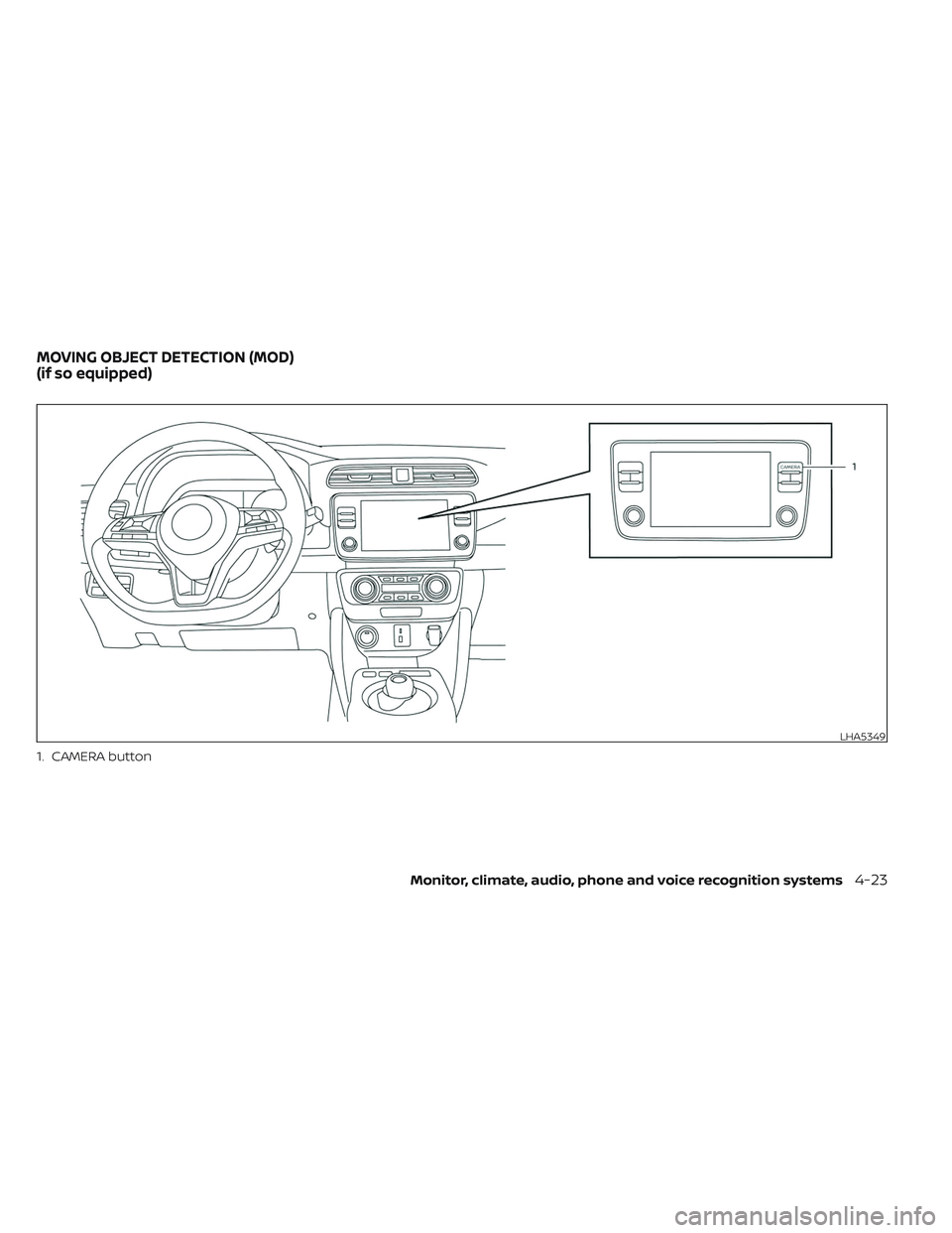 NISSAN LEAF 2023  Owners Manual LHA5349
1. CAMERA button
MOVING OBJECT DETECTION (MOD)
(if so equipped)
Monitor, climate, audio, phone and voice recognition systems4-23 