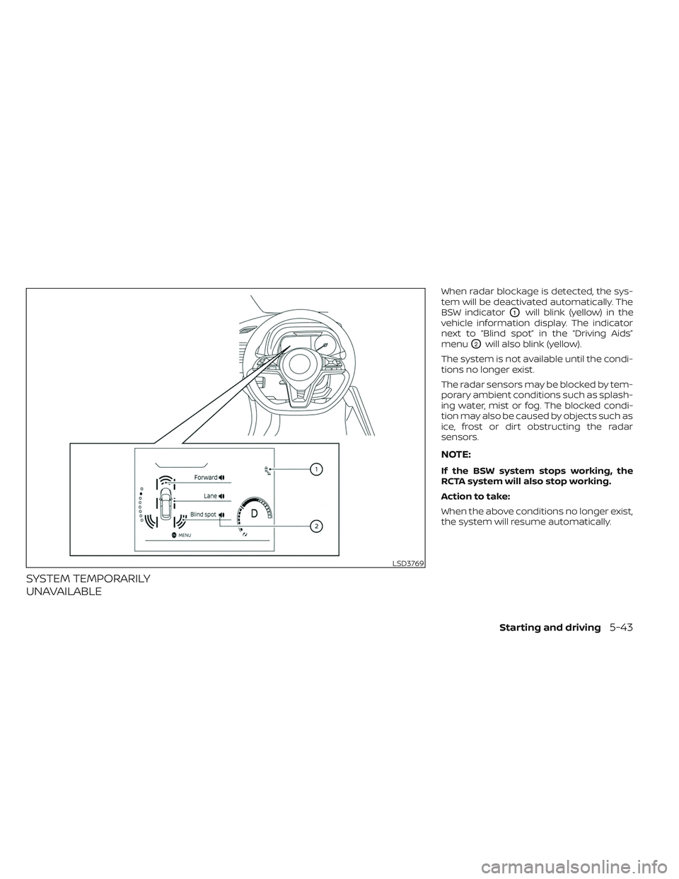 NISSAN LEAF 2023  Owners Manual SYSTEM TEMPORARILY
UNAVAILABLE
When radar blockage is detected, the sys-
tem will be deactivated automatically. The
BSW indicator
O1will blink (yellow) in the
vehicle information display. The indicato