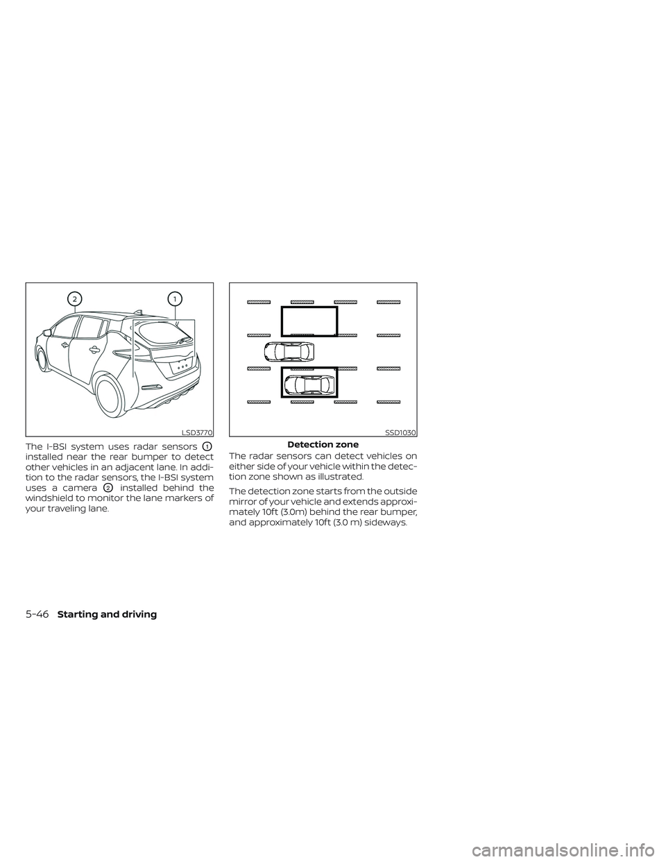 NISSAN LEAF 2023  Owners Manual The I-BSI system uses radar sensorsO1
installed near the rear bumper to detect
other vehicles in an adjacent lane. In addi-
tion to the radar sensors, the I-BSI system
uses a camera
O2installed behind