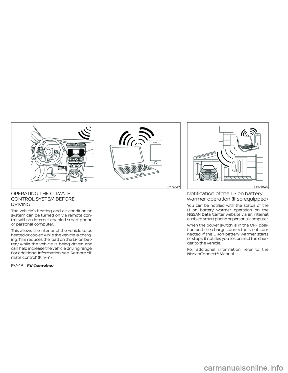 NISSAN LEAF 2023  Owners Manual OPERATING THE CLIMATE
CONTROL SYSTEM BEFORE
DRIVING
The vehicle’s heating and air conditioning
system can be turned on via remote con-
trol with an internet enabled smart phone
or personal computer.