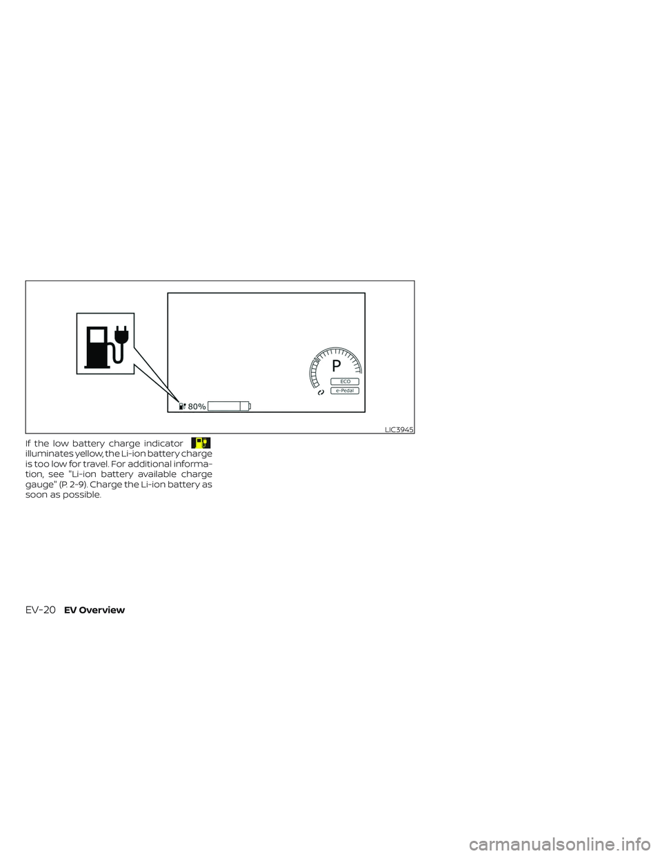 NISSAN LEAF 2023  Owners Manual If the low battery charge indicatorilluminates yellow, the Li-ion battery charge
is too low for travel. For additional informa-
tion, see "Li-ion battery available charge
gauge" (P. 2-9). Char
