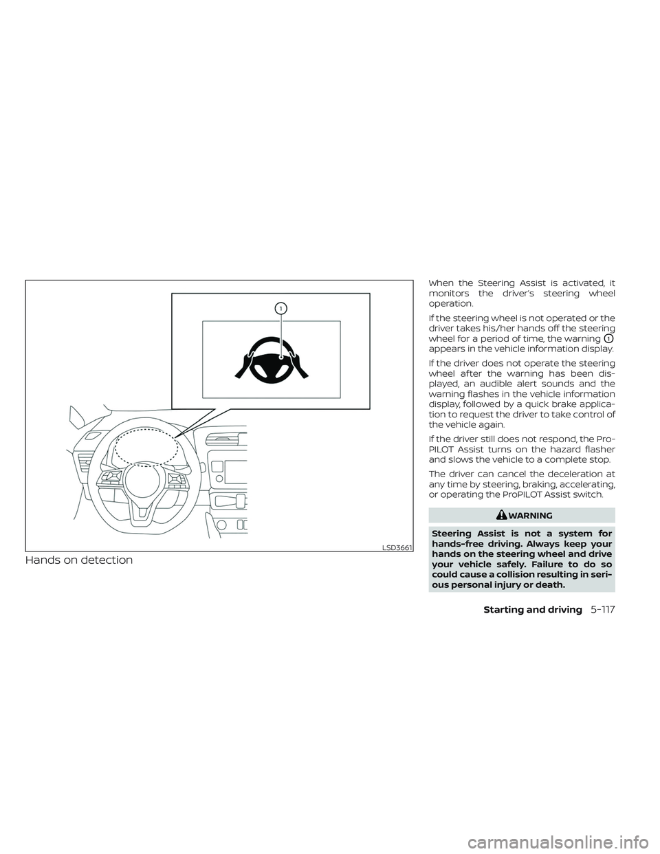 NISSAN LEAF 2023 Owners Manual Hands on detection
When the Steering Assist is activated, it
monitors the driver’s steering wheel
operation.
If the steering wheel is not operated or the
driver takes his/her hands off the steering
NISSAN LEAF 2023 Owners Manual Hands on detection
When the Steering Assist is activated, it
monitors the driver’s steering wheel
operation.
If the steering wheel is not operated or the
driver takes his/her hands off the steering