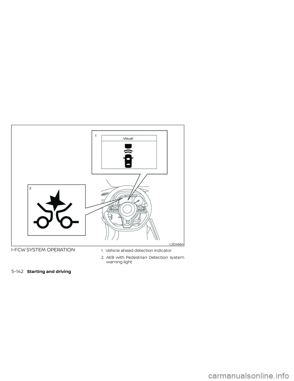 NISSAN LEAF 2023  Owners Manual I-FCW SYSTEM OPERATION1. Vehicle ahead detection indicator
2. AEB with Pedestrian Detection systemwarning light
LSD4664
5-142Starting and driving 