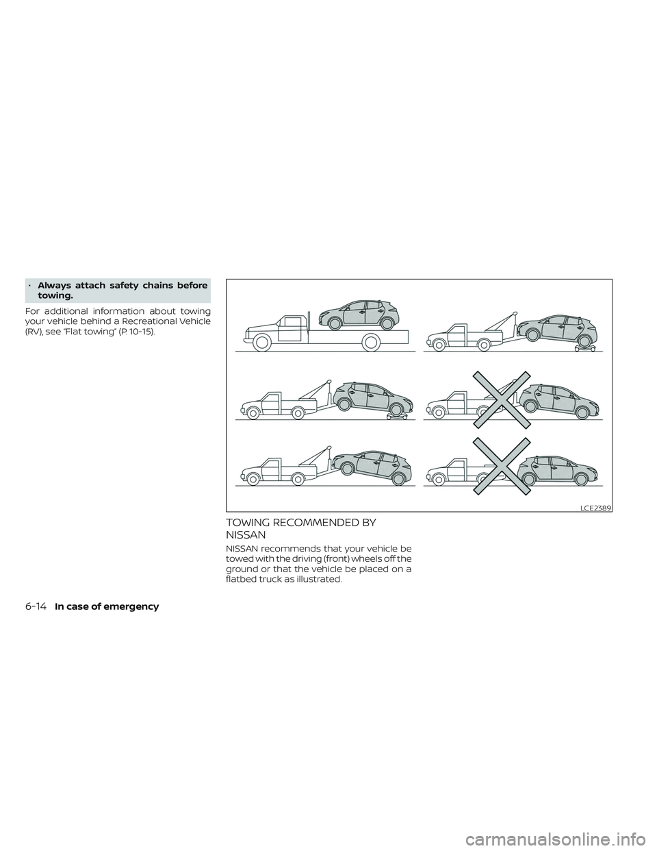 NISSAN LEAF 2023  Owners Manual •Always attach safety chains before
towing.
For additional information about towing
your vehicle behind a Recreational Vehicle
(RV), see “Flat towing” (P. 10-15).
TOWING RECOMMENDED BY
NISSAN
NI