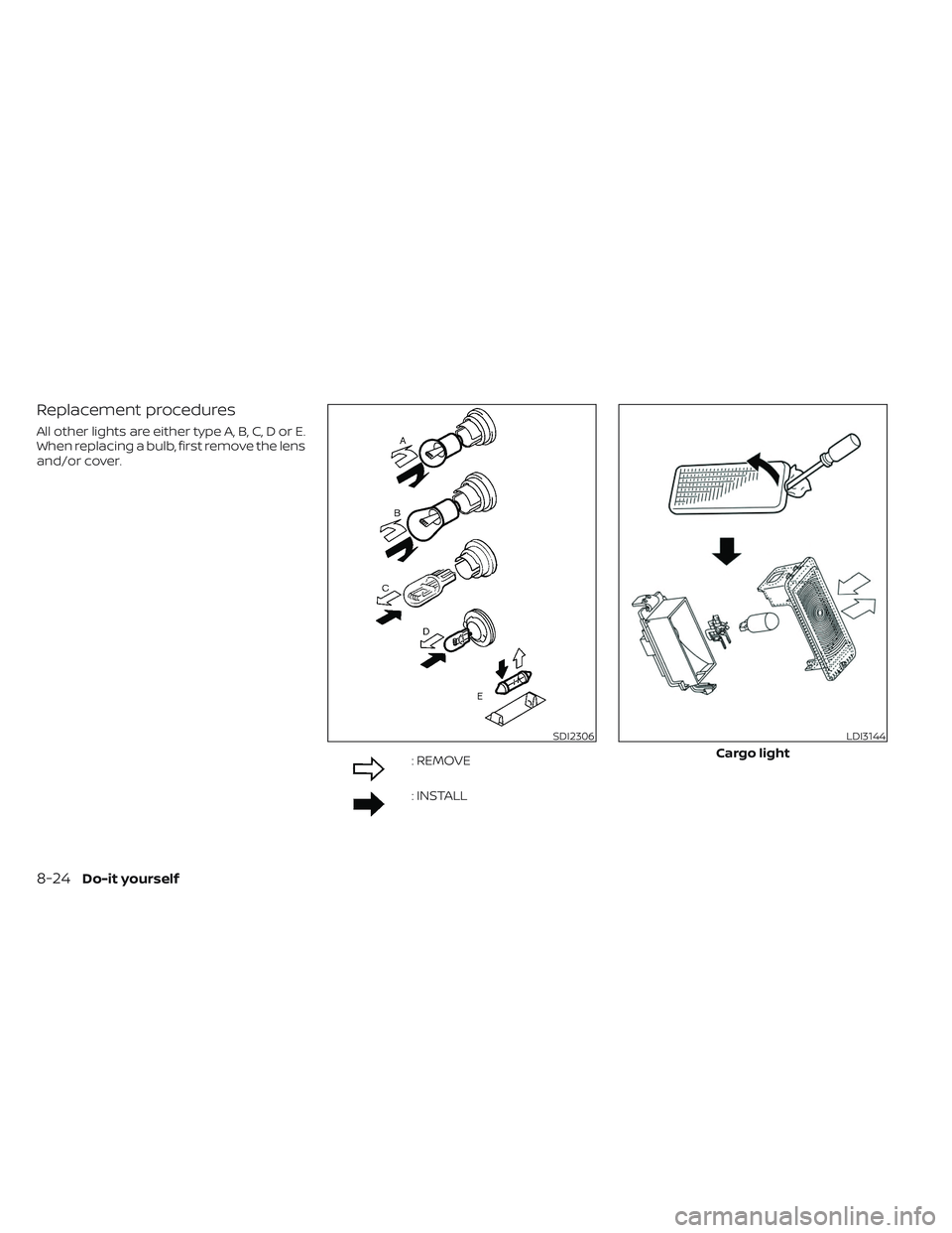 NISSAN LEAF 2023  Owners Manual Replacement procedures
All other lights are either type A, B, C, D or E.
When replacing a bulb, first remove the lens
and/or cover.
: REMOVE
: INSTALL
SDI2306LDI3144
Cargo light
8-24Do-it yourself 