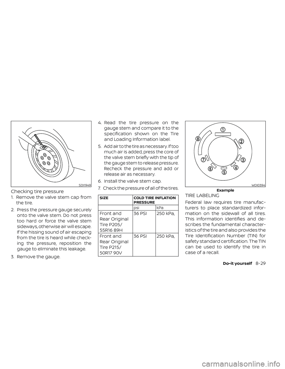 NISSAN LEAF 2023  Owners Manual Checking tire pressure
1. Remove the valve stem cap fromthe tire.
2.
Press the pressure gauge securely
onto the valve stem. Do not press
too hard or force the valve stem
sideways, otherwise air will e