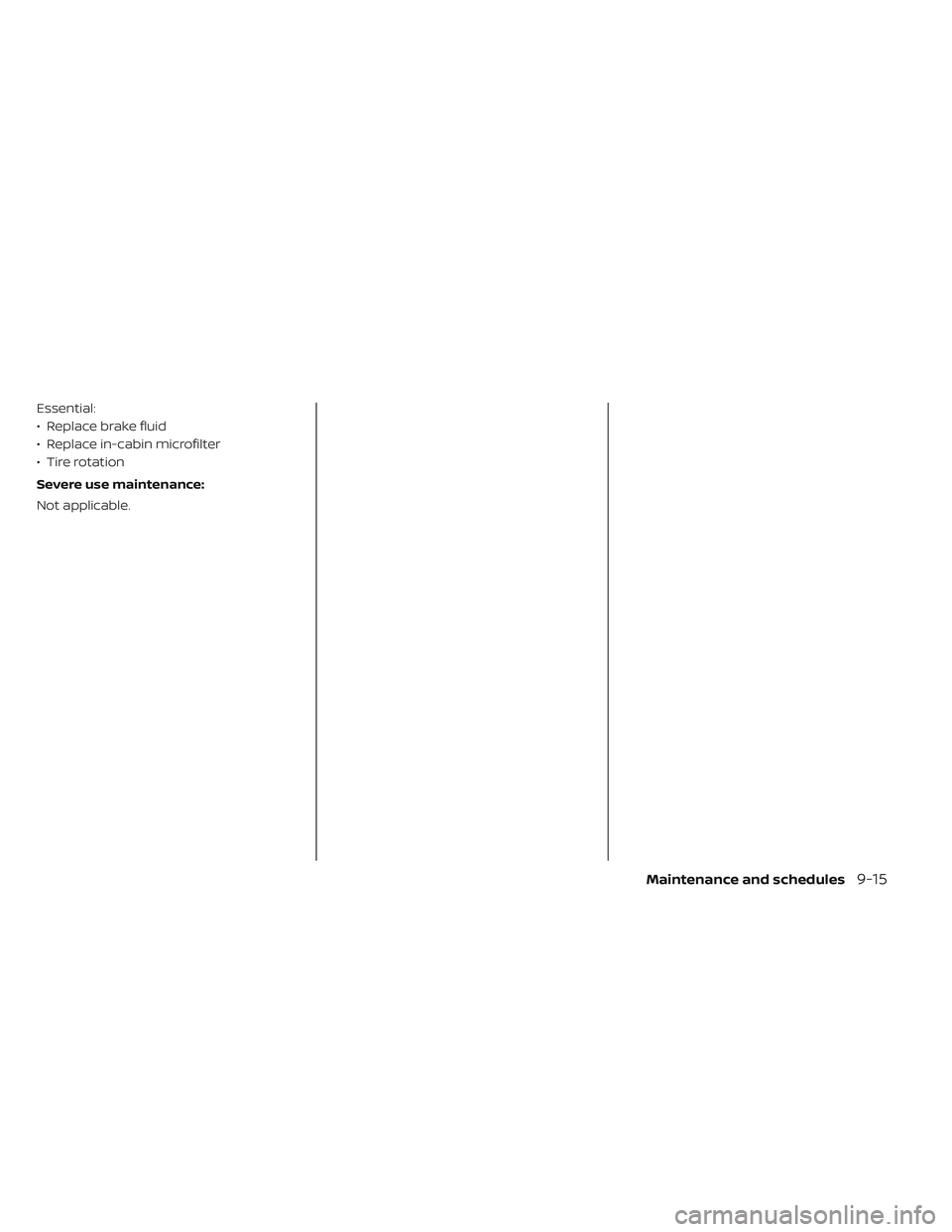 NISSAN LEAF 2023  Owners Manual Essential:
• Replace brake fluid
• Replace in-cabin microfilter
• Tire rotation
Severe use maintenance:
Not applicable.
Maintenance and schedules9-15 