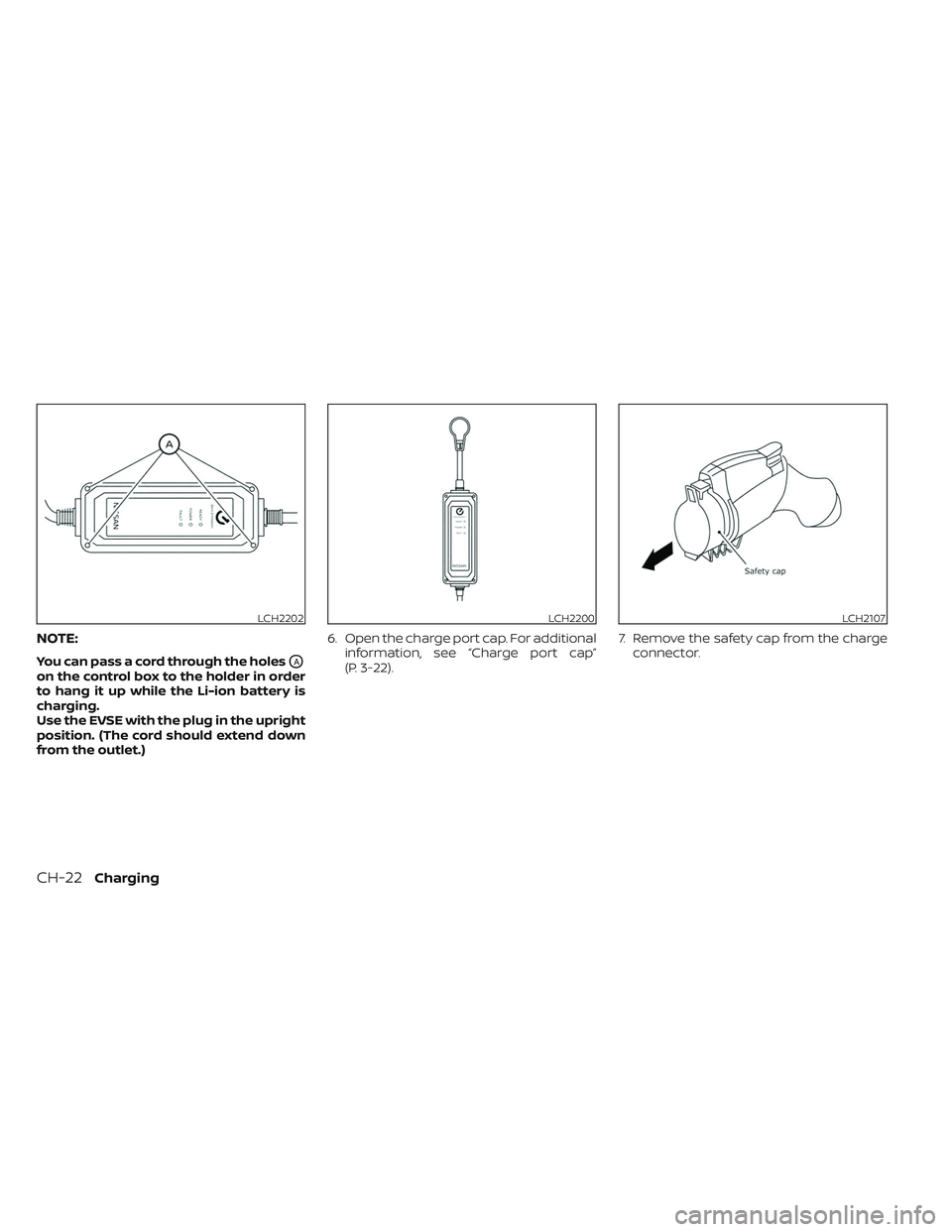 NISSAN LEAF 2023  Owners Manual NOTE:
You can pass a cord through the holesOA
on the control box to the holder in order
to hang it up while the Li-ion battery is
charging.
Use the EVSE with the plug in the upright
position. (The cor