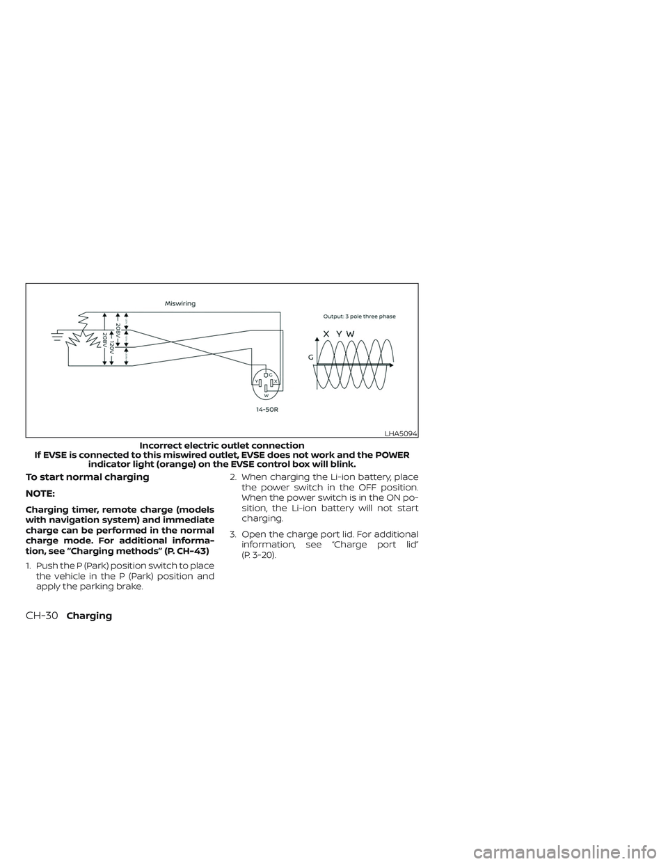 NISSAN LEAF 2023  Owners Manual To start normal charging
NOTE:
Charging timer, remote charge (models
with navigation system) and immediate
charge can be performed in the normal
charge mode. For additional informa-
tion, see “Charg