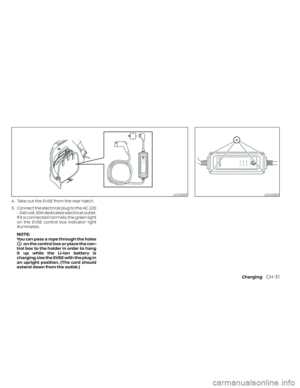 NISSAN LEAF 2023  Owners Manual 4. Take out the EVSE from the rear hatch.
5. Connect the electrical plug to the AC 220- 240 volt, 50A dedicated electrical outlet.
If it is connected normally, the green light
on the EVSE control box 