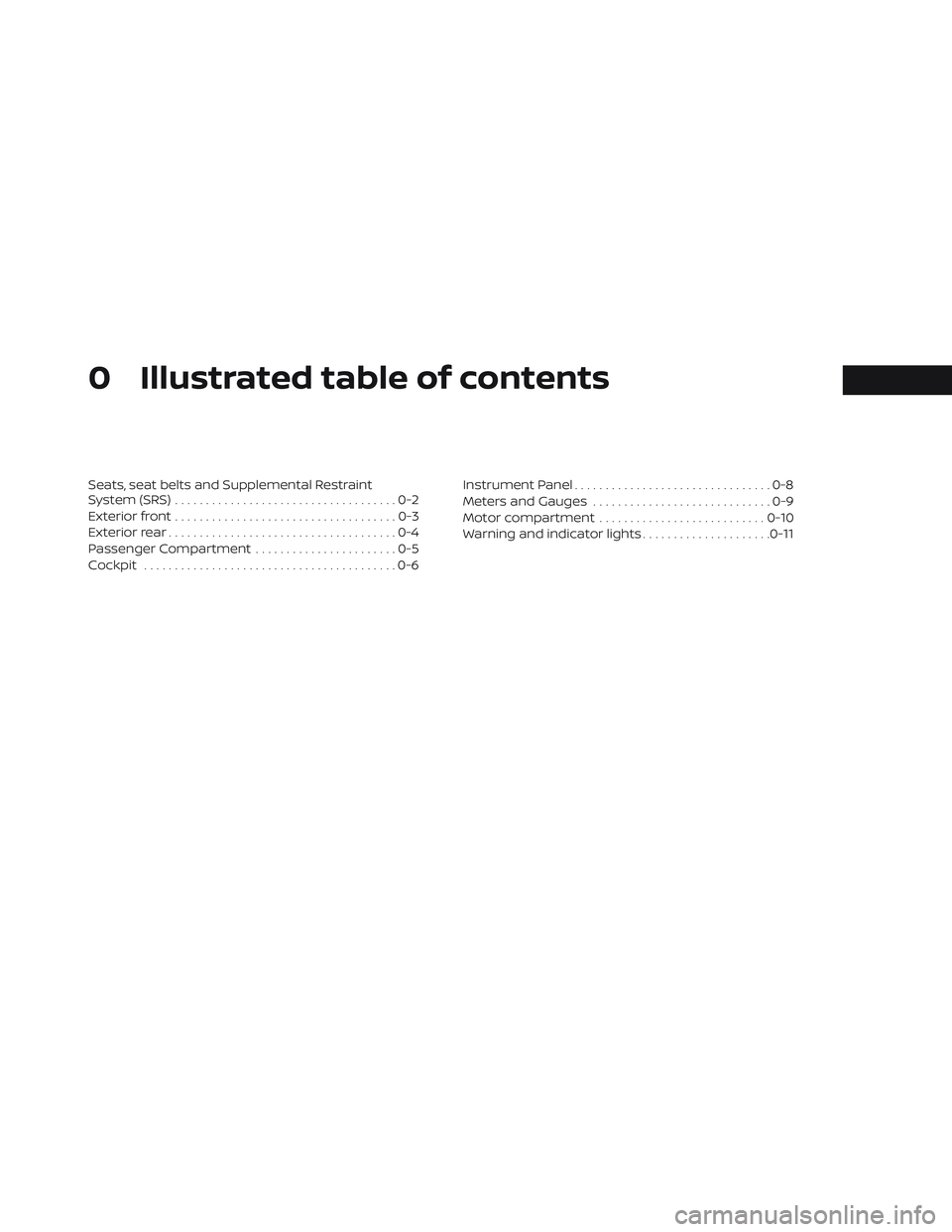 NISSAN LEAF 2023  Owners Manual 0 Illustrated table of contents
Seats, seat belts and Supplemental Restraint
System (SRS)....................................0-2
Exterior front ....................................0-3
Exterior rear ..