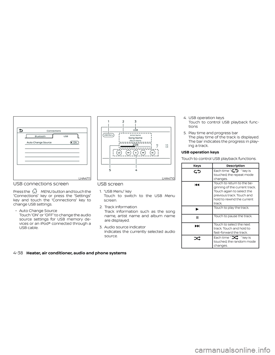 NISSAN MICRA 2023  Owners Manual USB connections screen
Press theMENU button and touch the
“Connections” key or press the “Settings”
key and touch the “Connections” key to
change USB settings.
∙ Auto Change Source Touch