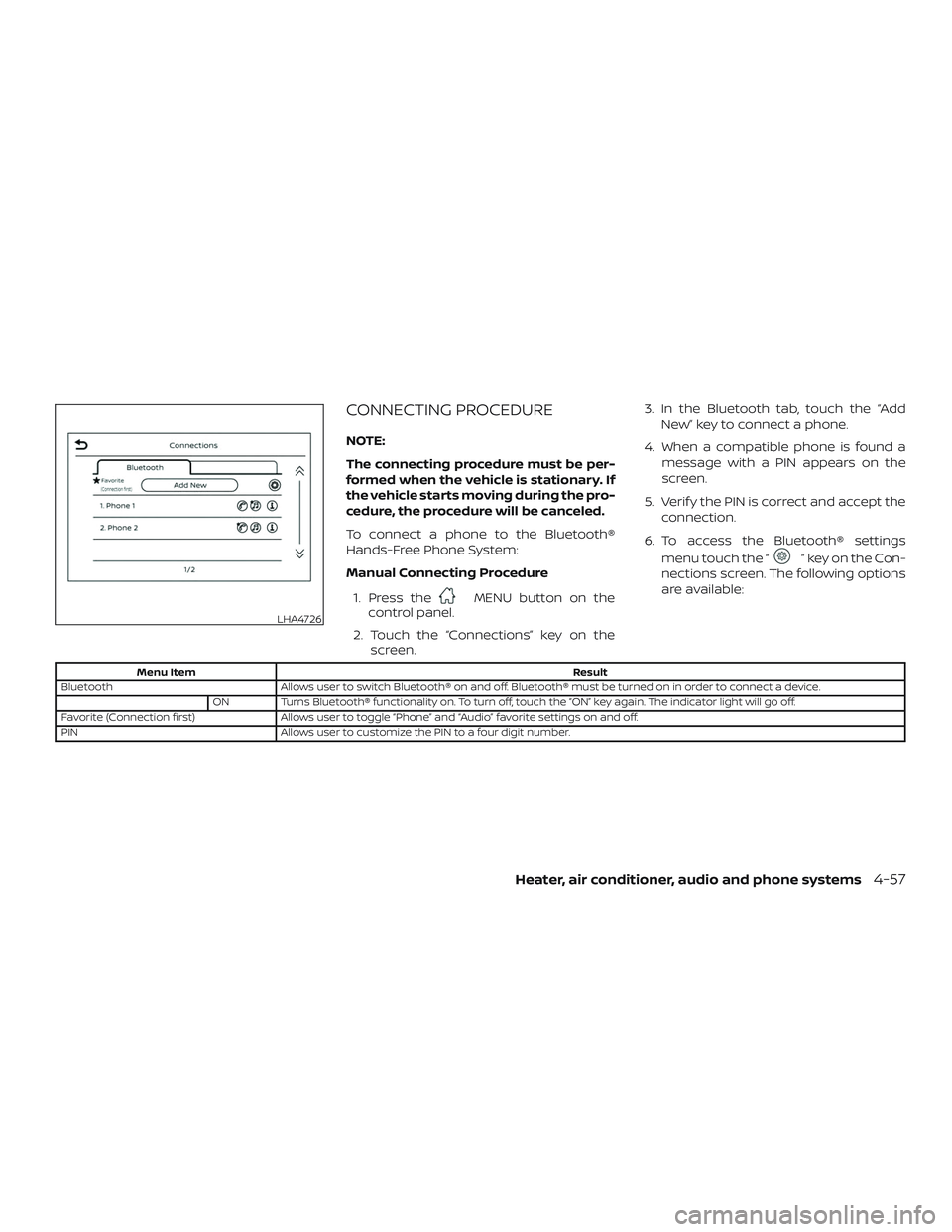 NISSAN MICRA 2023  Owners Manual CONNECTING PROCEDURE
NOTE:
The connecting procedure must be per-
formed when the vehicle is stationary. If
the vehicle starts moving during the pro-
cedure, the procedure will be canceled.
To connect 