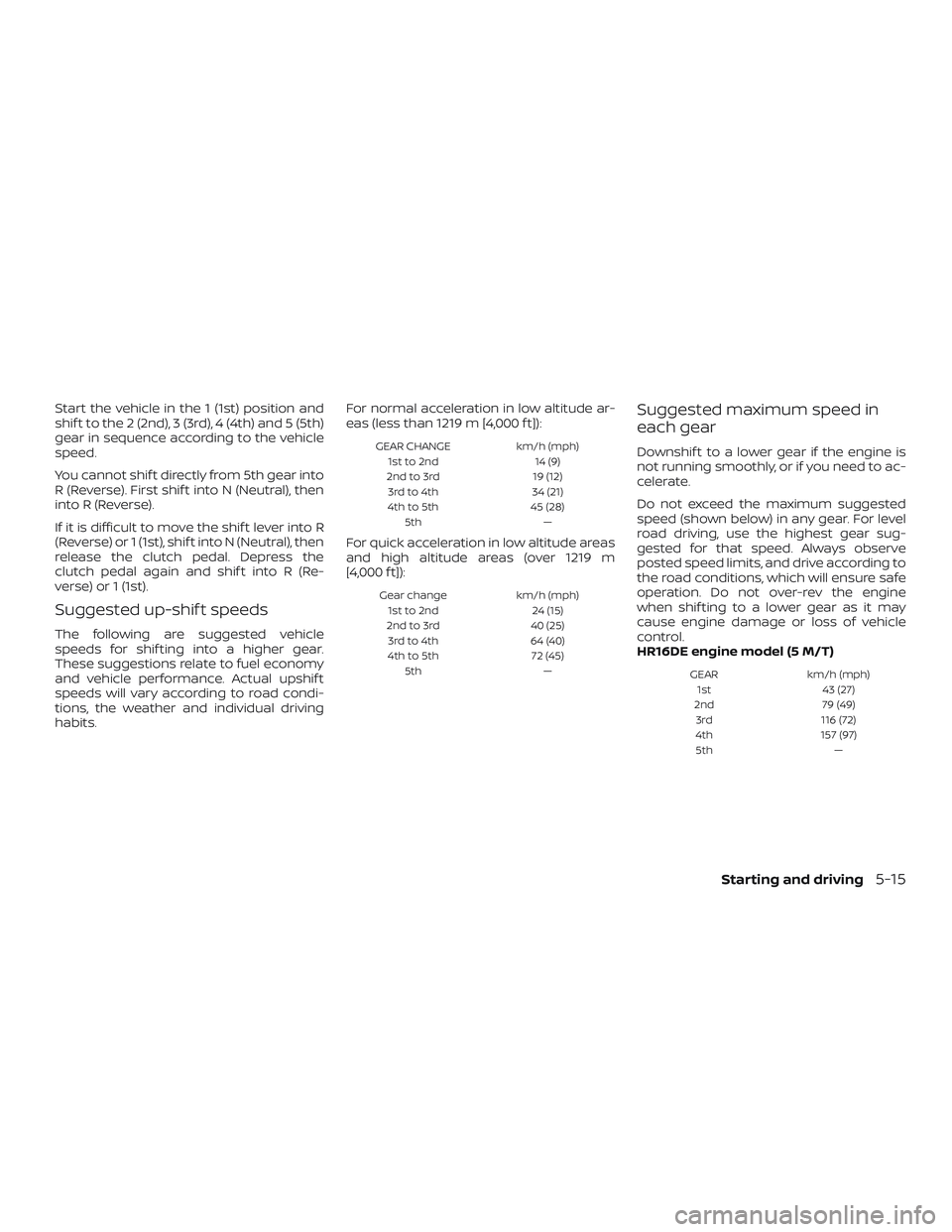 NISSAN MICRA 2023  Owners Manual Start the vehicle in the 1 (1st) position and
shif t to the 2 (2nd), 3 (3rd), 4 (4th) and 5 (5th)
gear in sequence according to the vehicle
speed.
You cannot shif t directly from 5th gear into
R (Reve