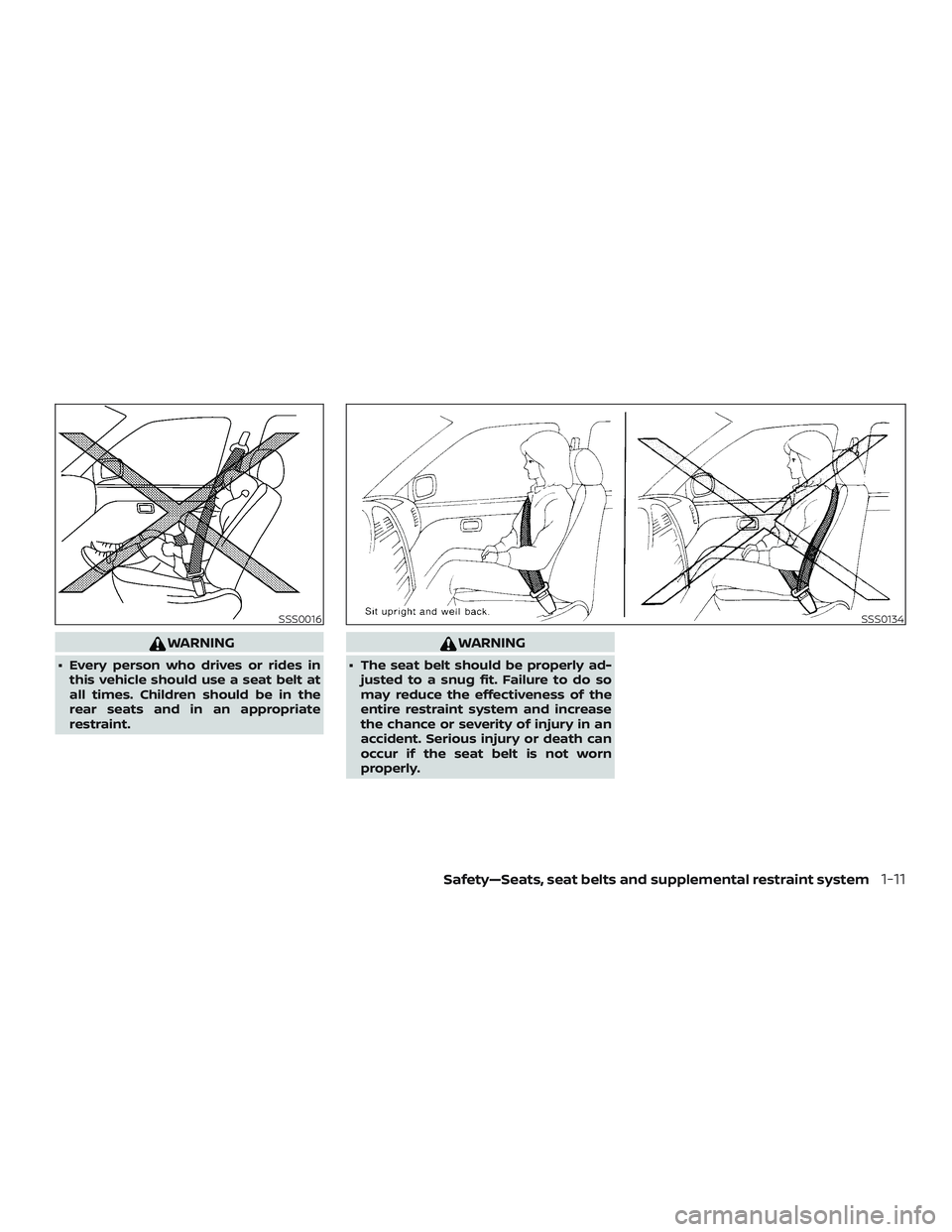 NISSAN MICRA 2023  Owners Manual WARNING
∙ Every person who drives or rides inthis vehicle should use a seat belt at
all times. Children should be in the
rear seats and in an appropriate
restraint.
WARNING
∙ The seat belt should 