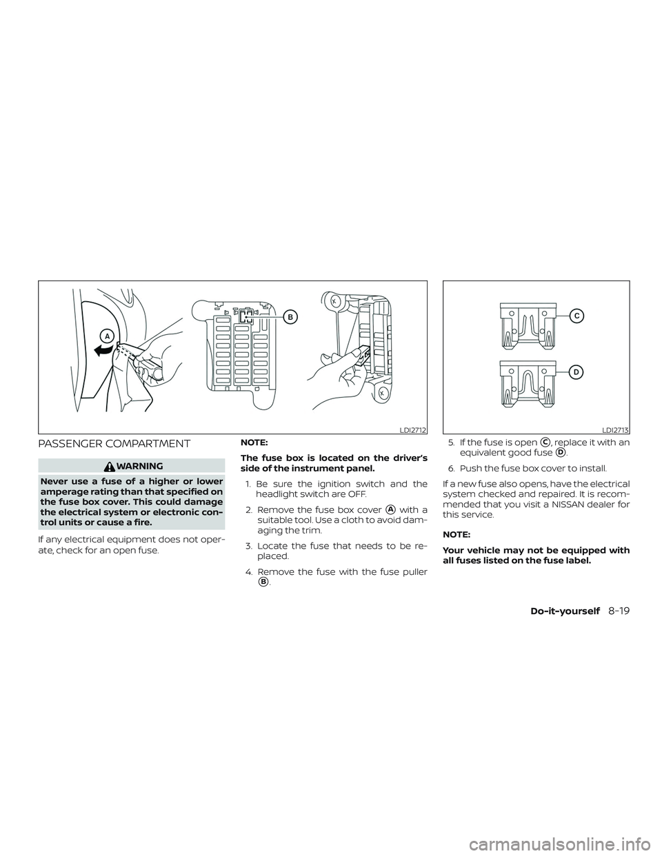 NISSAN MICRA 2023  Owners Manual PASSENGER COMPARTMENT
WARNING
Never use a fuse of a higher or lower
amperage rating than that specified on
the fuse box cover. This could damage
the electrical system or electronic con-
trol units or 
