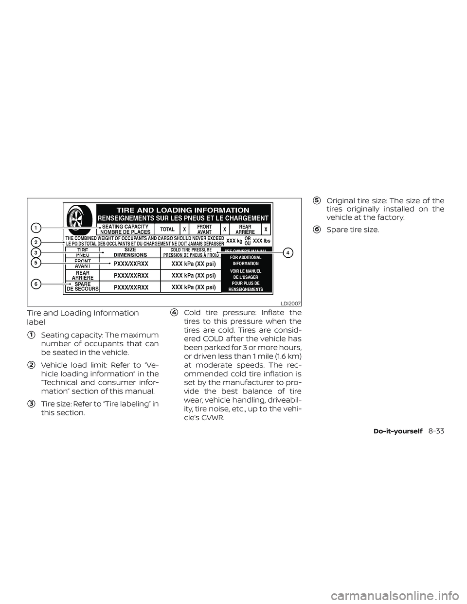 NISSAN MICRA 2023  Owners Manual Tire and Loading Information
label
1Seating capacity: The maximum
number of occupants that can
be seated in the vehicle.
2Vehicle load limit: Refer to “Ve-
hicle loading information” in the
“T