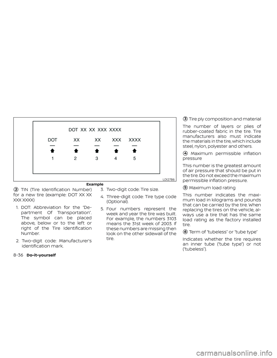 NISSAN MICRA 2023  Owners Manual 2TIN (Tire Identification Number)
for a new tire (example: DOT XX XX
XXX XXXX)
1. DOT: Abbreviation for the “De- partment Of Transportation”.
The symbol can be placed
above, below or to the lef t