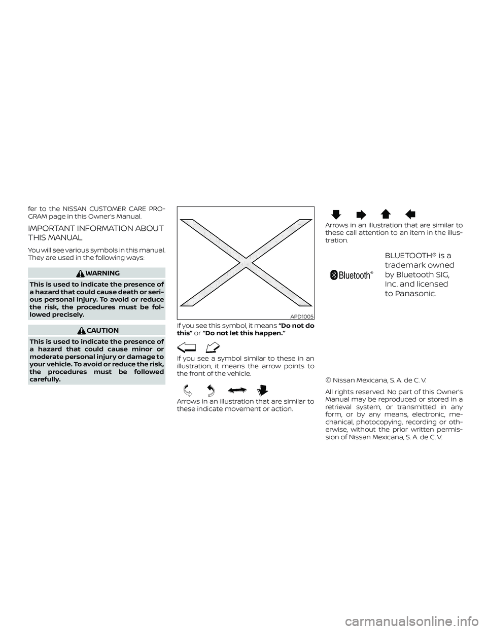 NISSAN MICRA 2023 Owners Manual fer to the NISSAN CUSTOMER CARE PRO-
GRAM page in this Owner’s Manual.
IMPORTANT INFORMATION ABOUT
THIS MANUAL
You will see various symbols in this manual.
They are used in the following ways:
WARNI NISSAN MICRA 2023 Owners Manual fer to the NISSAN CUSTOMER CARE PRO-
GRAM page in this Owner’s Manual.
IMPORTANT INFORMATION ABOUT
THIS MANUAL
You will see various symbols in this manual.
They are used in the following ways:
WARNI