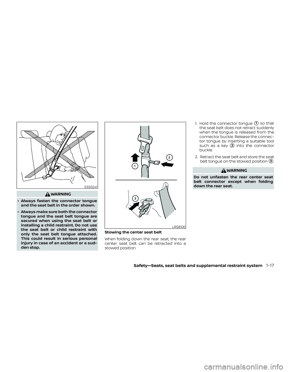 NISSAN MICRA 2023  Owners Manual WARNING
∙ Always fasten the connector tongueand the seat belt in the order shown.
∙ Always make sure both the connector tongue and the seat belt tongue are
secured when using the seat belt or
inst